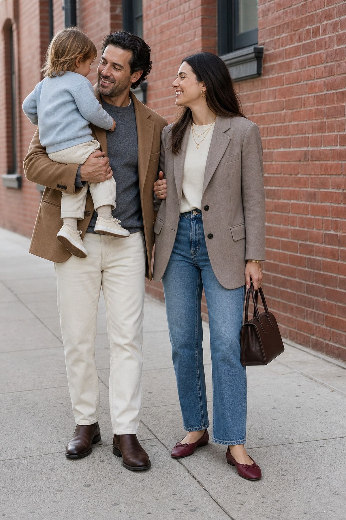 Couple and toddler by a red brick wall, mom in a taupe blazer, cream top, straight jeans and burgundy flats, dad in a camel jacket and cream trousers