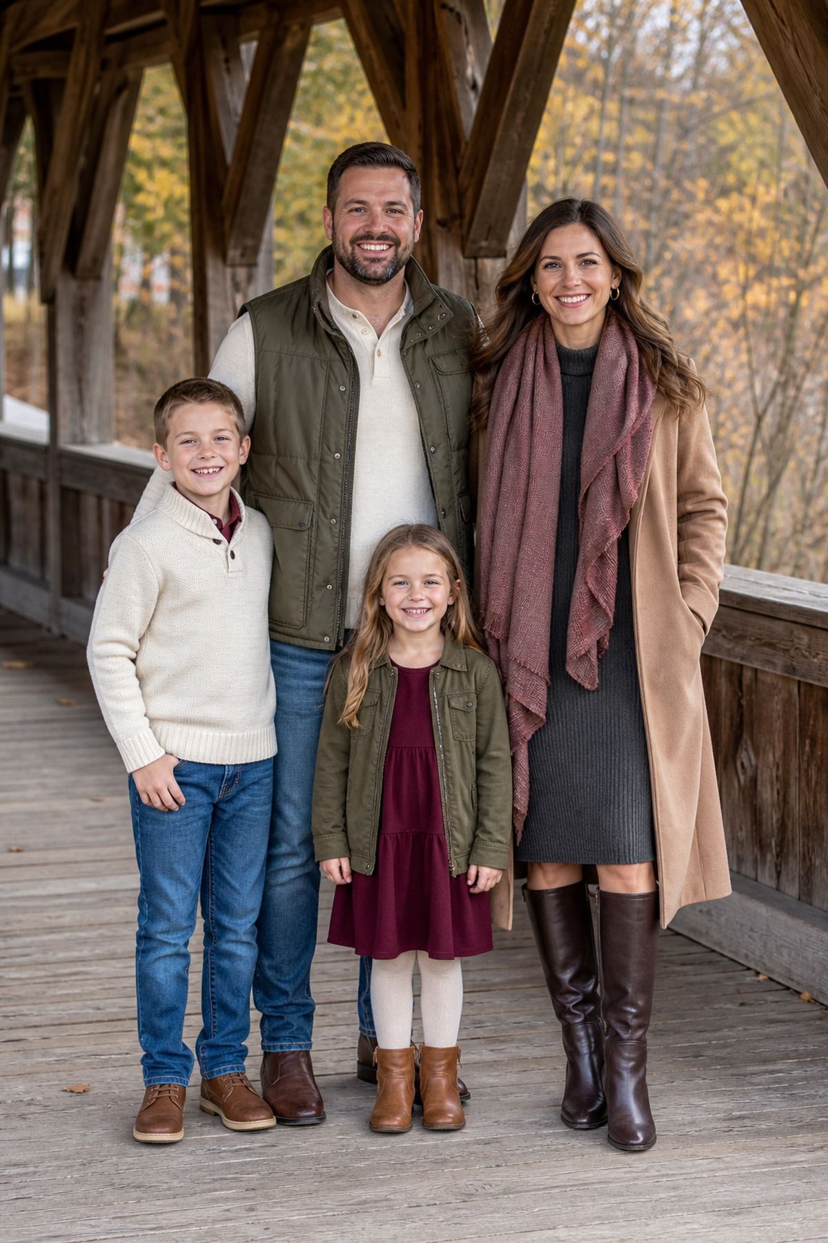 Family on a covered wooden bridge, mom in a charcoal sweater dress, long camel coat, burgundy scarf and tall brown boots, daughter in a burgundy dress