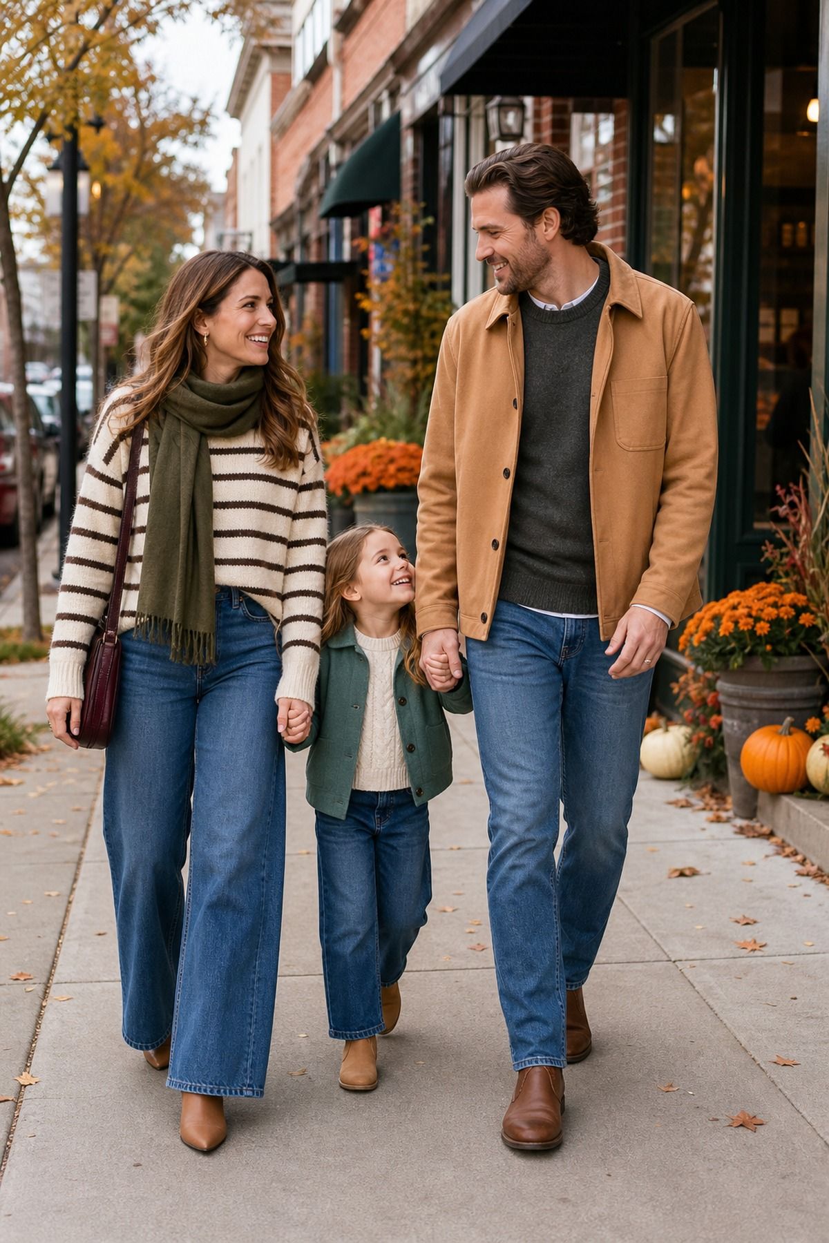 Family walking down a main street with pumpkins, mom in a cream and brown striped sweater, olive scarf and wide-leg jeans, dad in a tan jacket