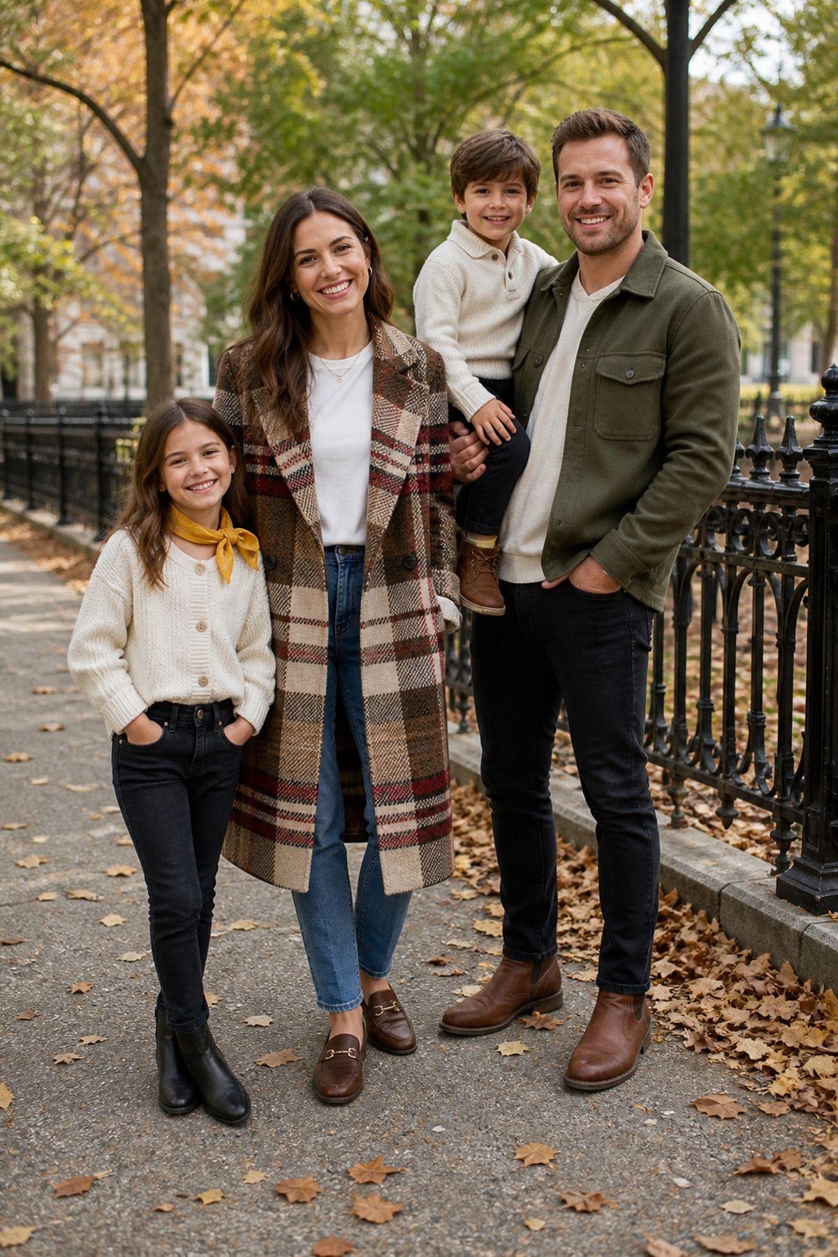 Family in a city park, mom in an open brown and cream plaid coat over a white tee and jeans, dad in olive, daughter with a mustard bandana