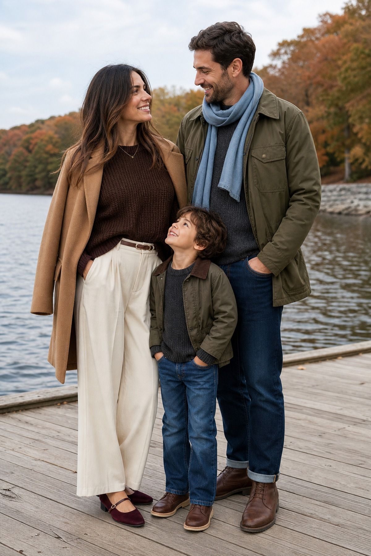 Family on a lakeside boardwalk, mom in a chocolate brown sweater, cream wide-leg trousers and camel coat, dad and son in olive jackets