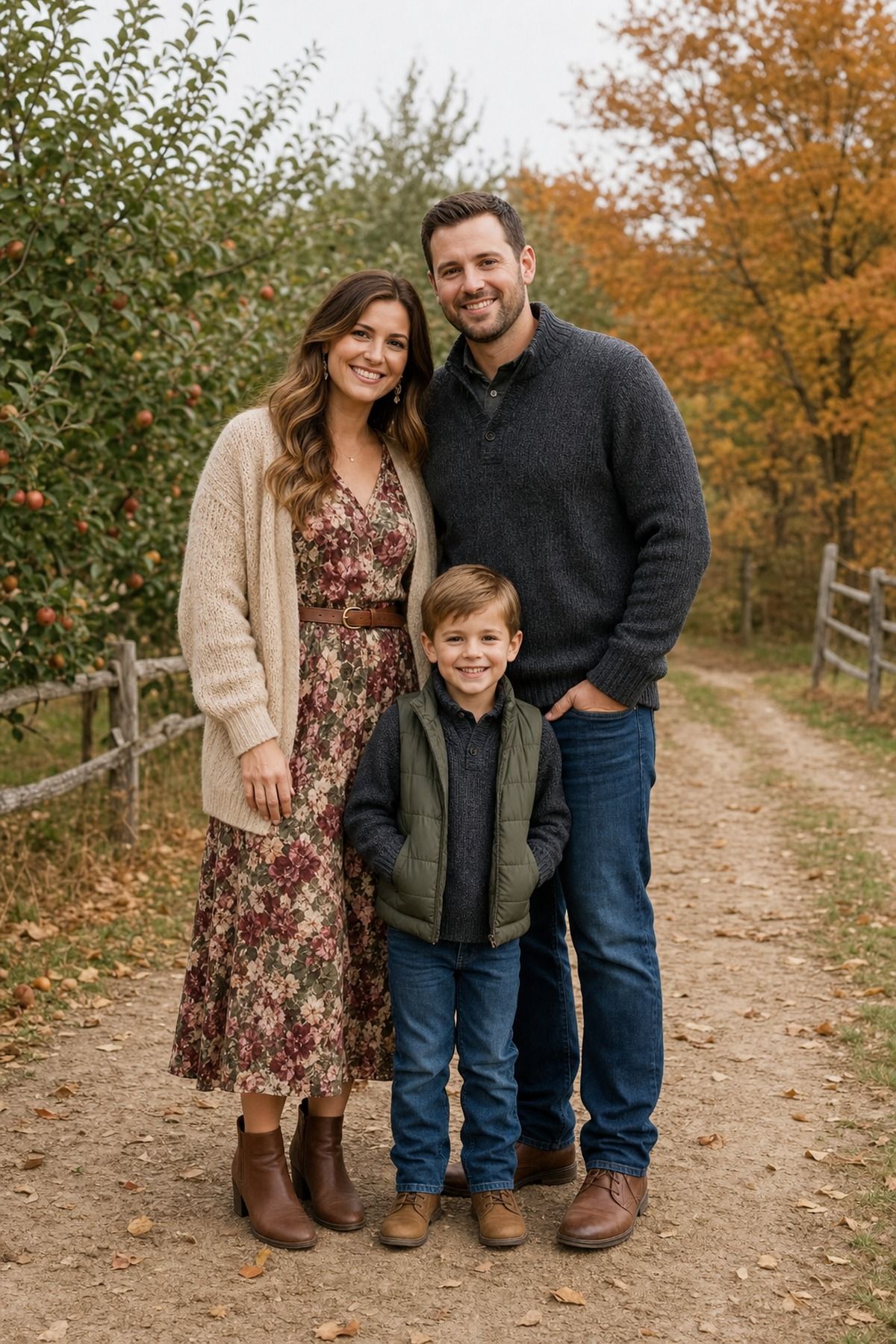 Family on an orchard lane, mom in a burgundy and olive floral midi dress with an oatmeal cardigan and brown boots, son in an olive vest