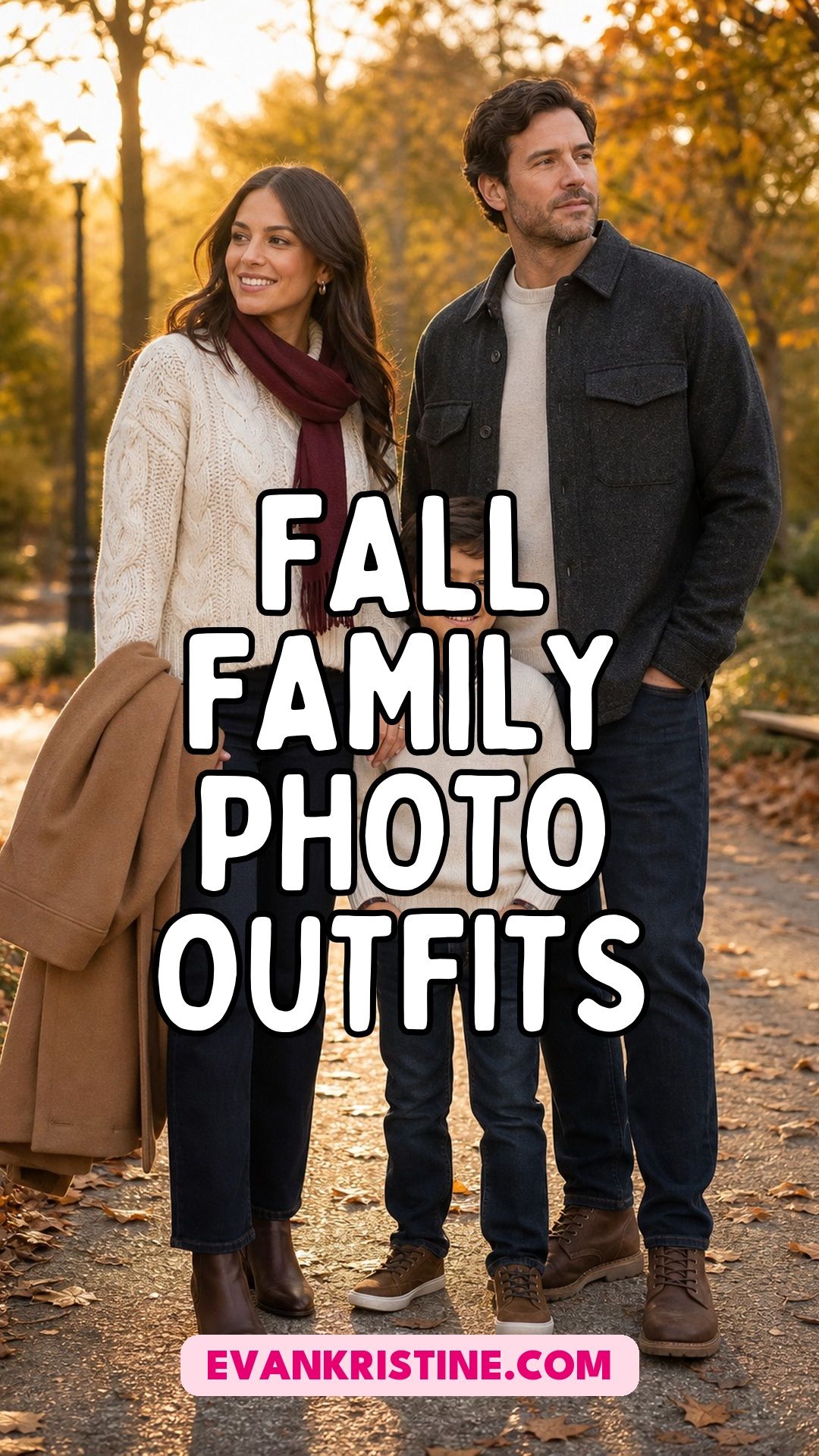 Family in coordinated fall outfits on an autumn park path, mom in a cream sweater and burgundy scarf, dad in a charcoal jacket, with the title Fall Family Photo Outfits