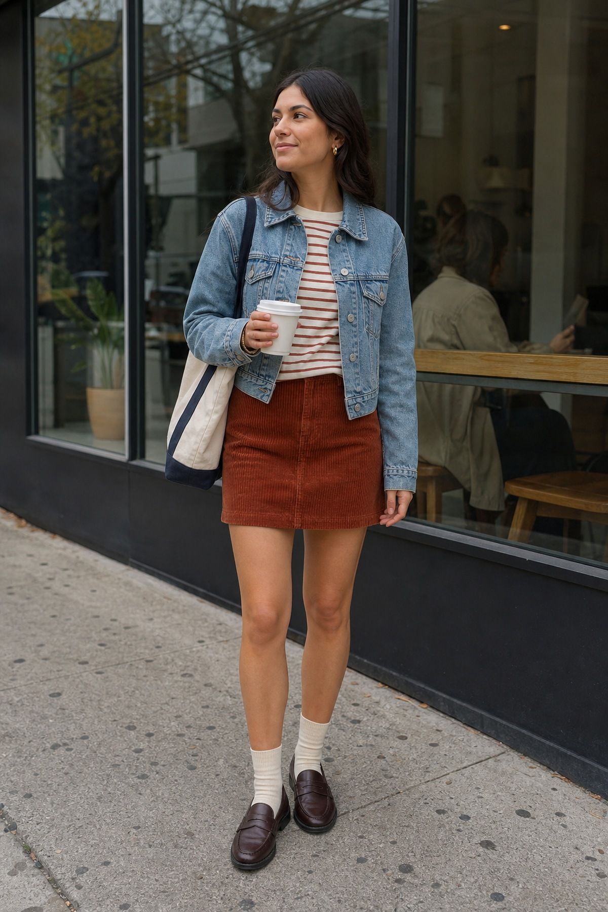 Woman wearing a corduroy mini skirt with a striped tee, a fall mini skirt outfit