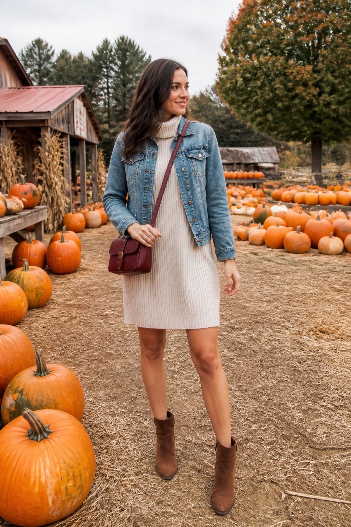 Woman in a light denim jacket over a cream sweater dress with brown suede boots and a burgundy crossbody bag at a pumpkin patch