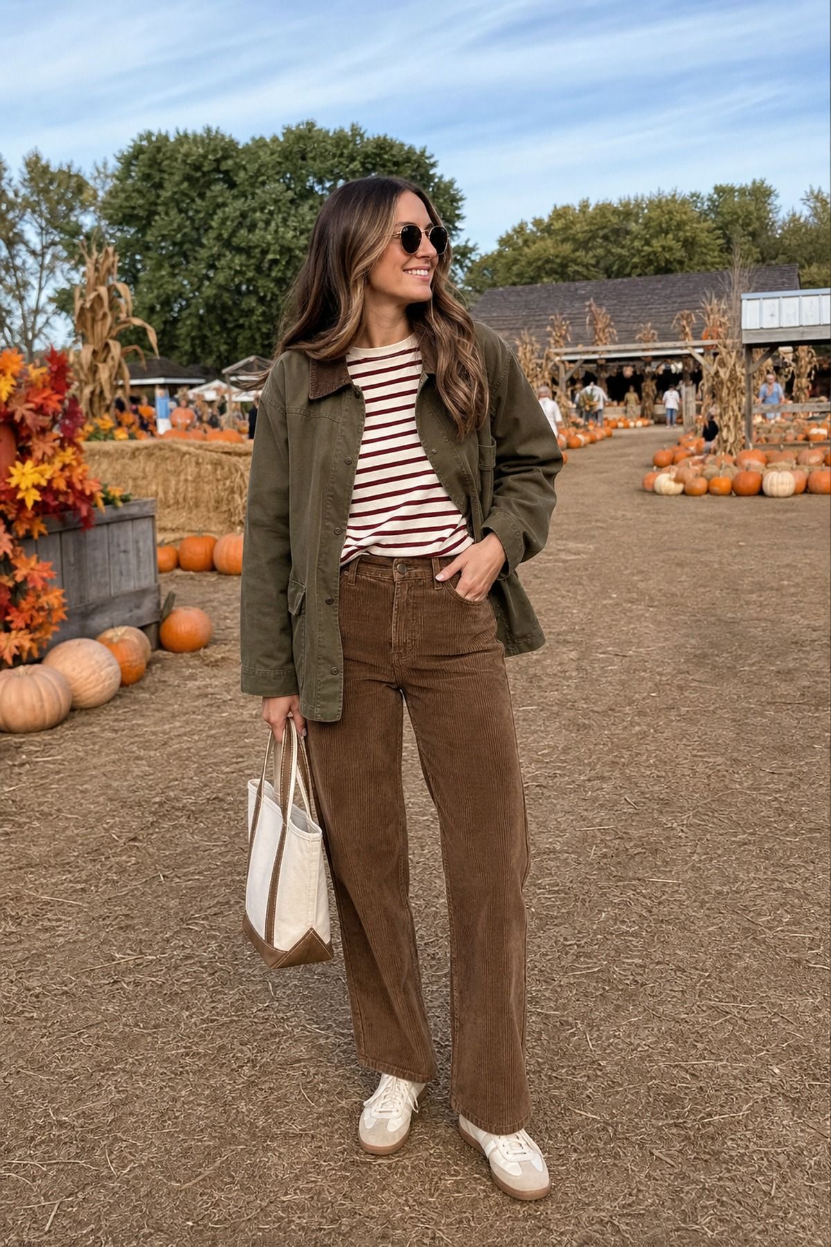 Woman in brown corduroy pants, a red striped long-sleeve tee, olive utility jacket and cream sneakers at a pumpkin patch