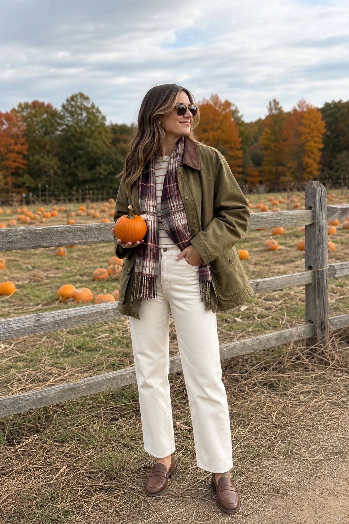 Woman in an olive barn jacket, plaid scarf, ecru jeans and brown ankle boots holding a small pumpkin by a wooden fence