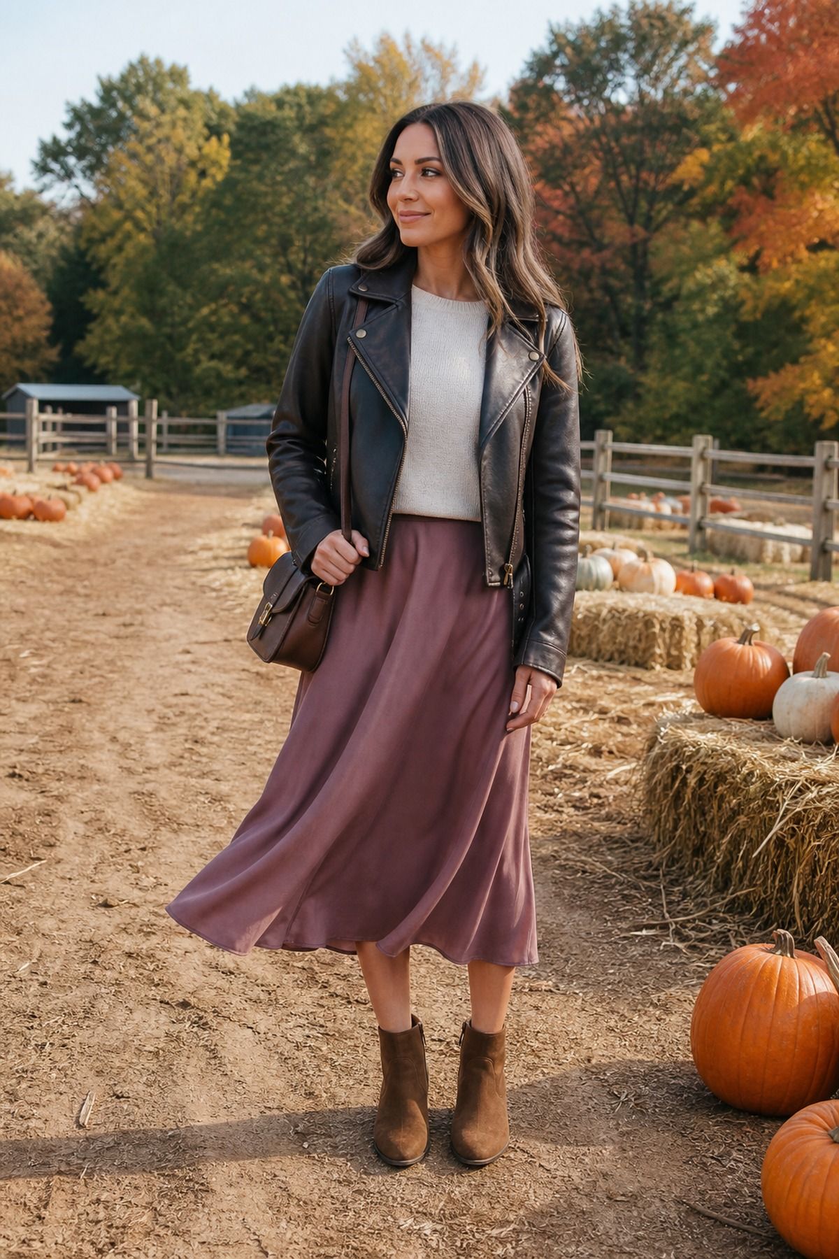 Woman in a black leather jacket, cream top, mauve midi skirt and brown ankle boots on a dirt path at a pumpkin patch