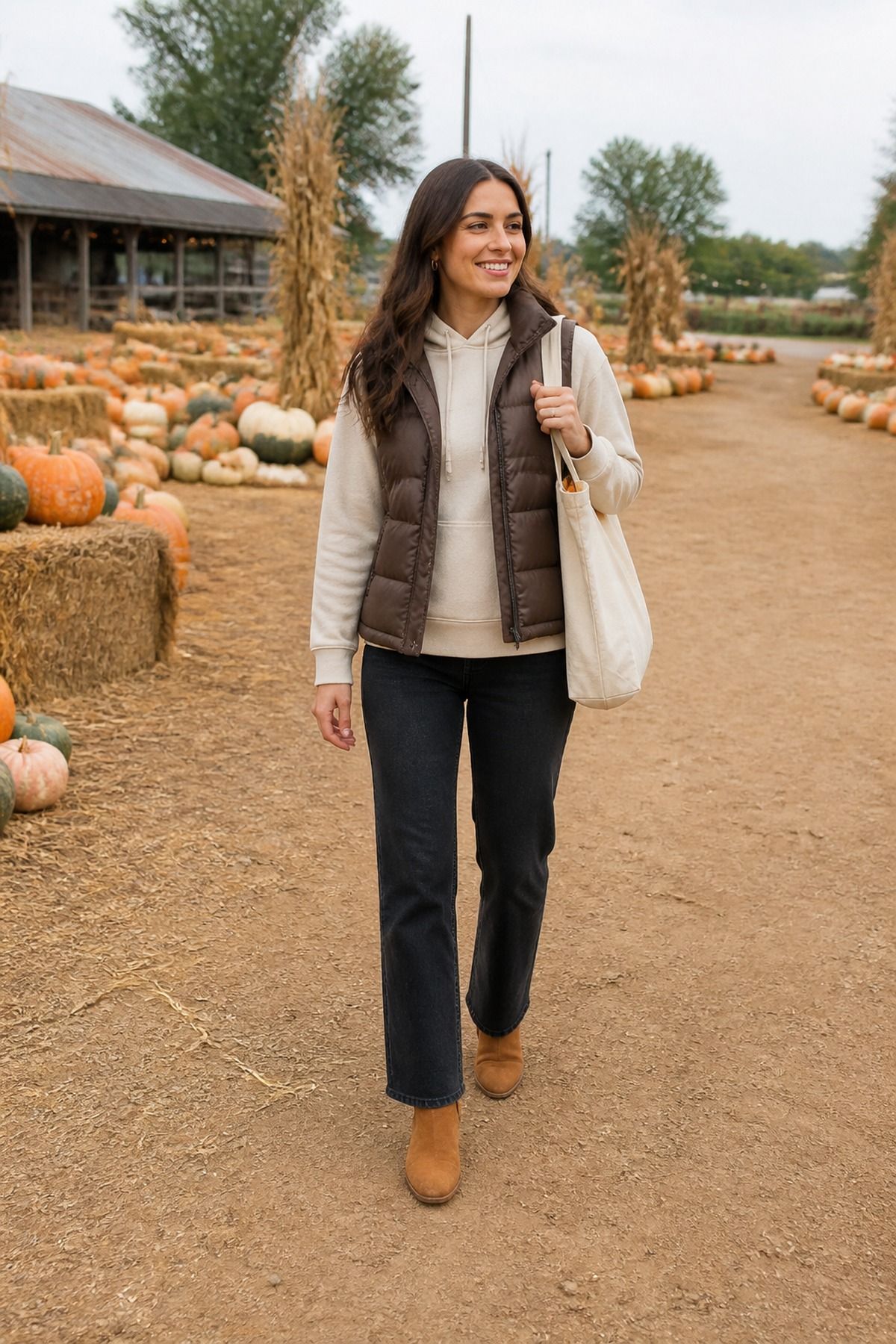 Woman in a brown puffer vest, cream hoodie, black jeans and tan suede boots carrying a canvas tote at a pumpkin farm