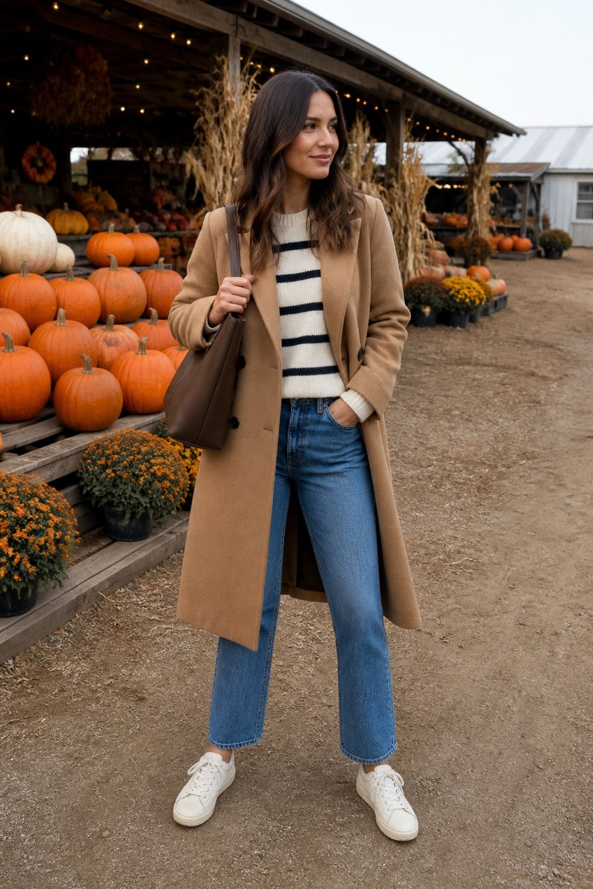 Woman in a camel coat, striped knit, cropped light-wash jeans and white sneakers by a pumpkin stand