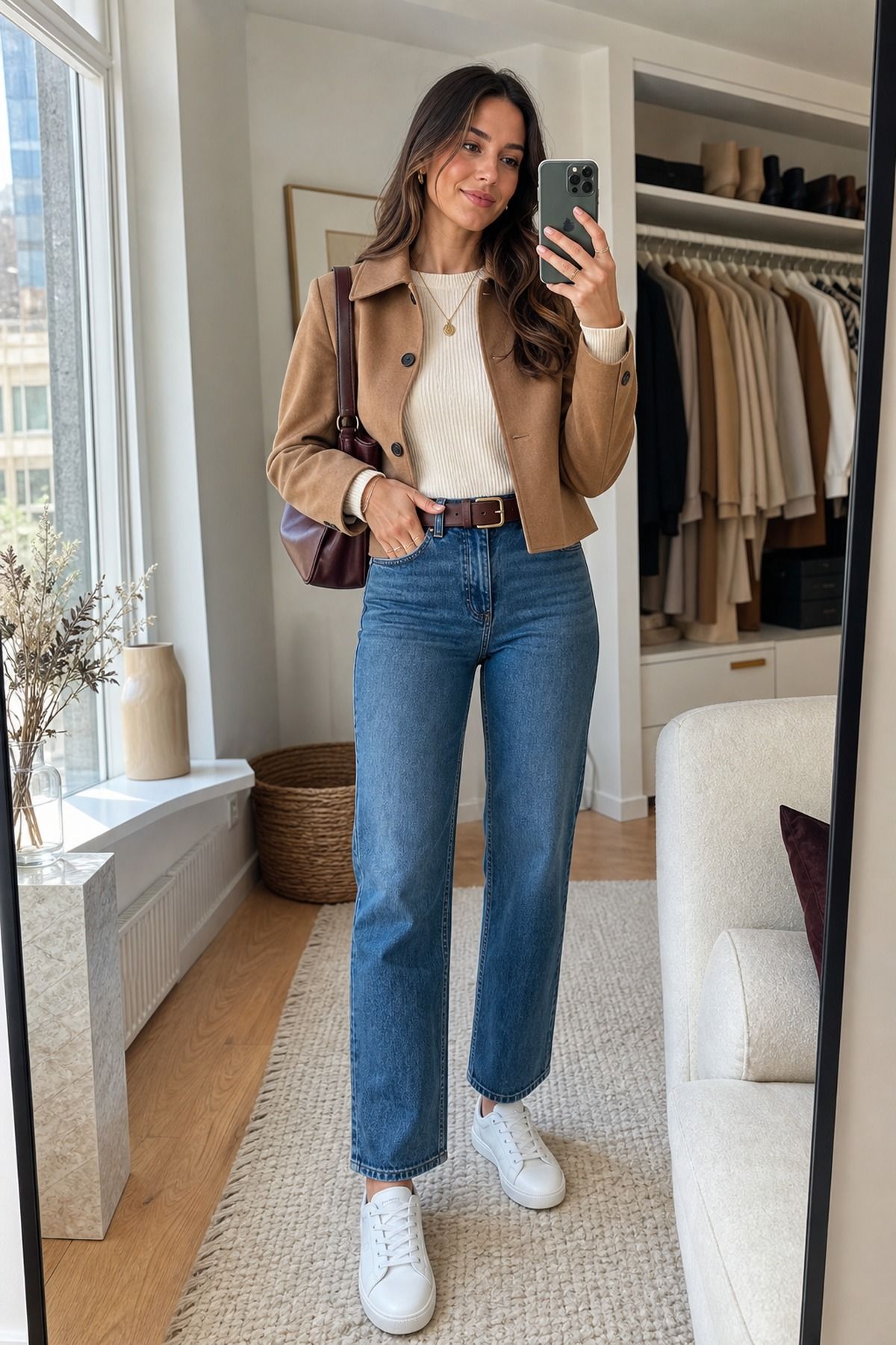 Woman wearing white sneakers with straight jeans, a fall sneakers outfit