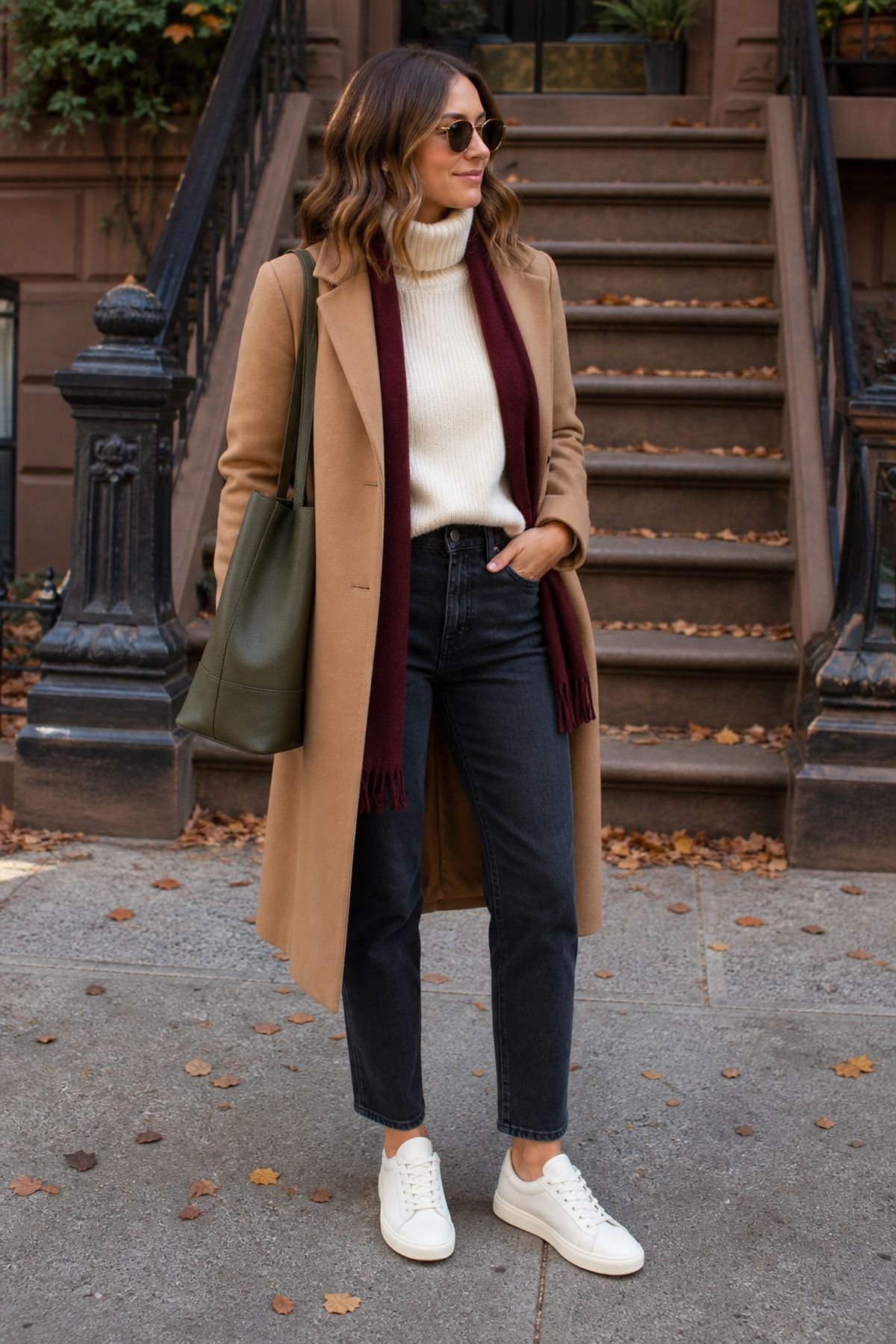 Woman wearing sneakers with a camel coat, a fall sneakers outfit
