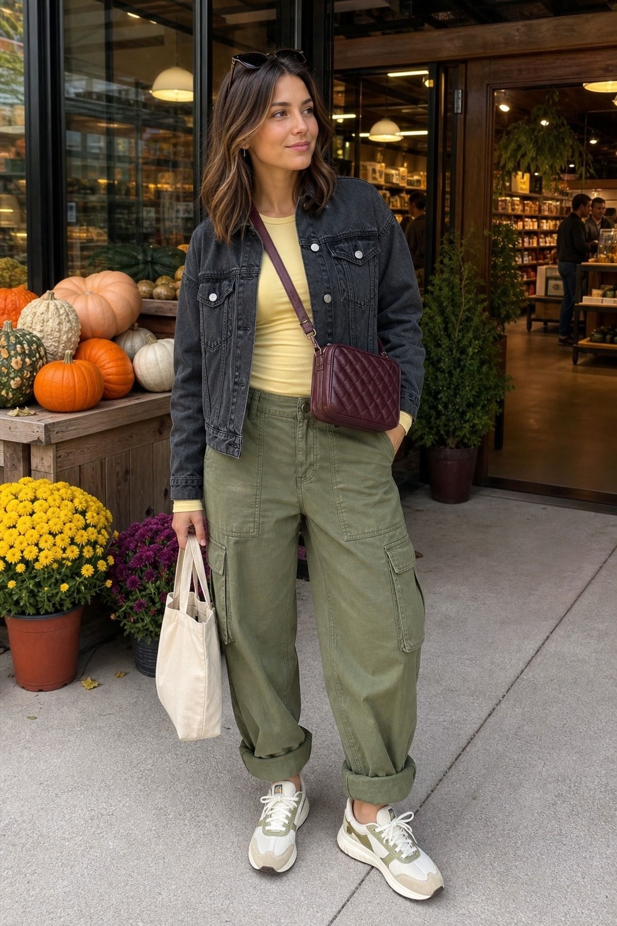 Woman wearing sneakers with cargo pants, a fall sneakers outfit