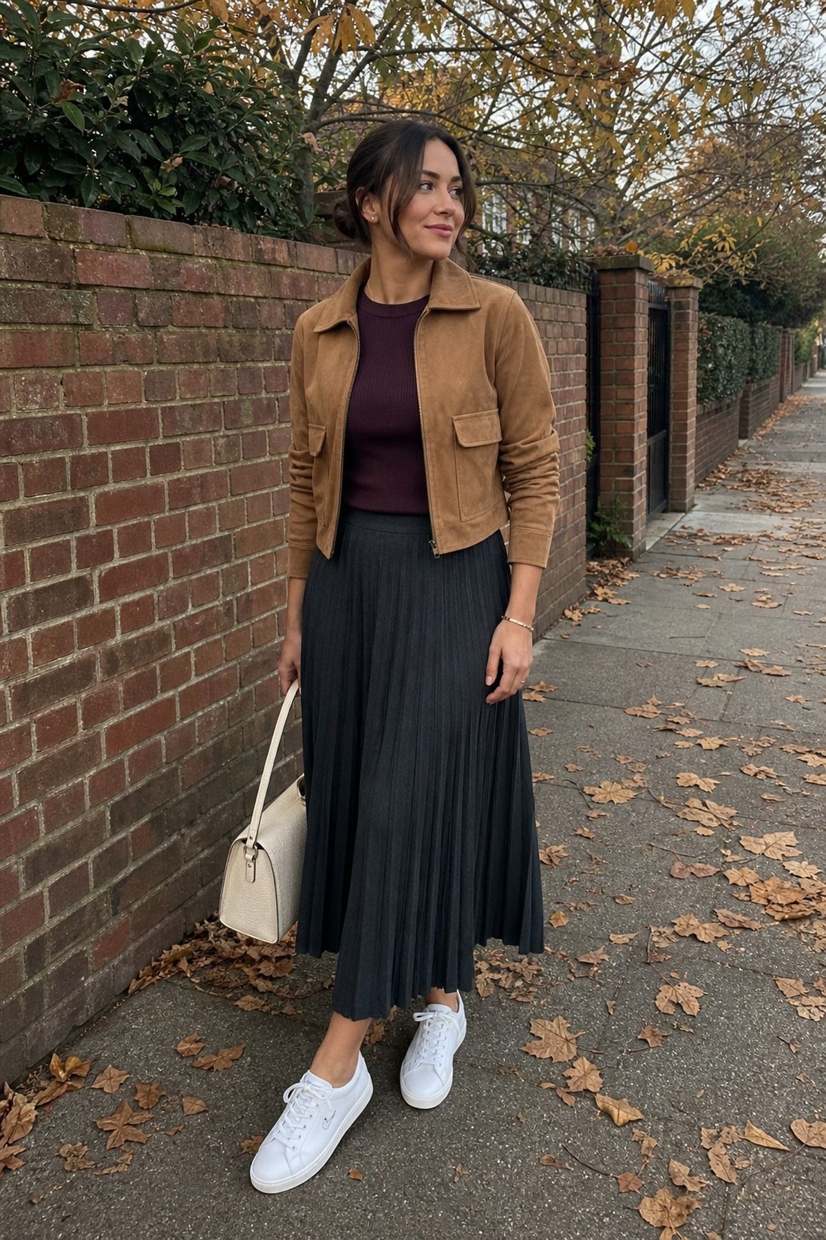Woman wearing sneakers with a midi skirt, a fall sneakers outfit