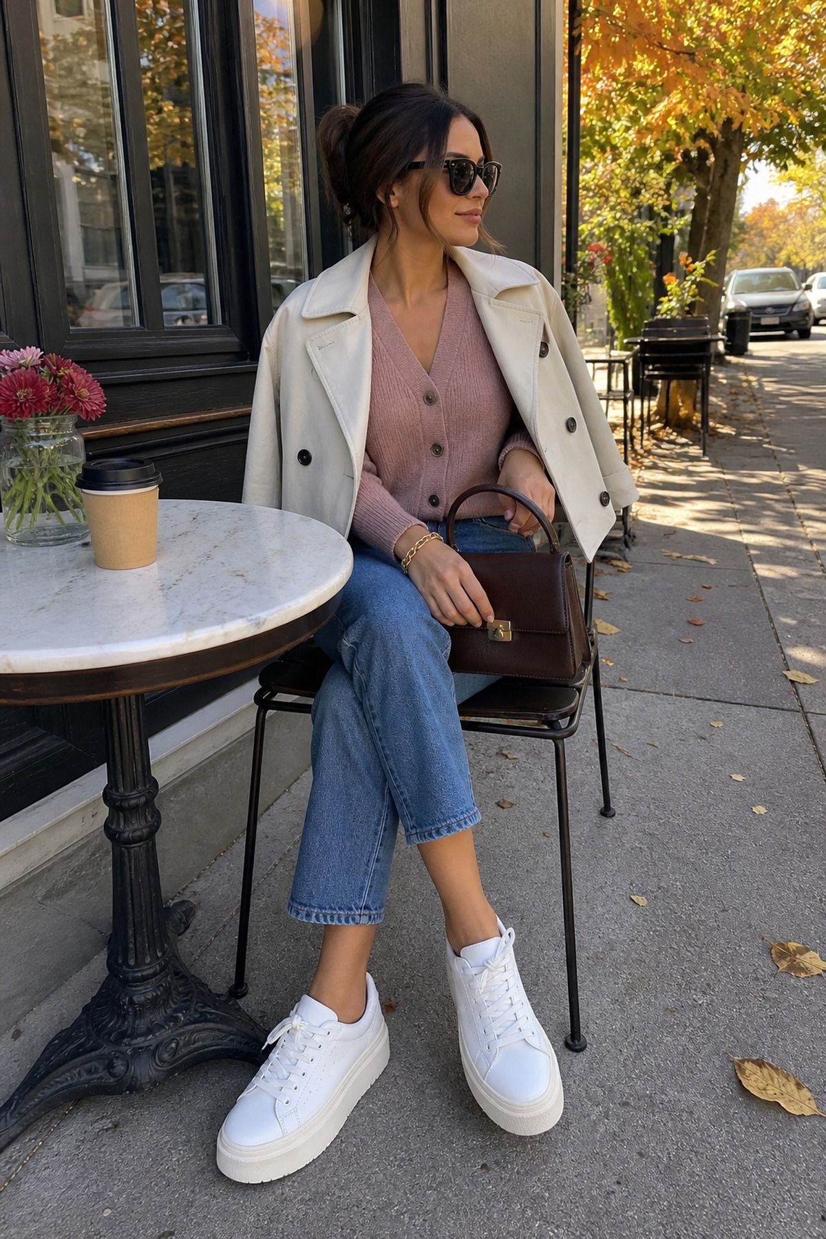 Woman wearing platform sneakers with cropped jeans, a fall sneakers outfit