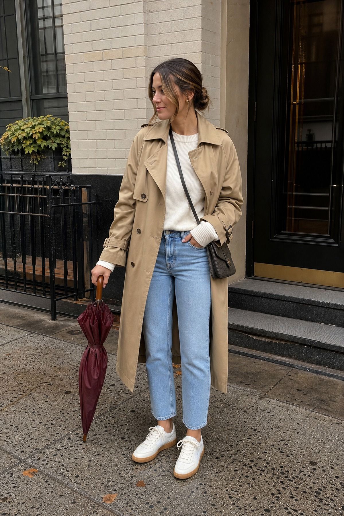 Woman wearing sneakers with a trench coat, a fall sneakers outfit