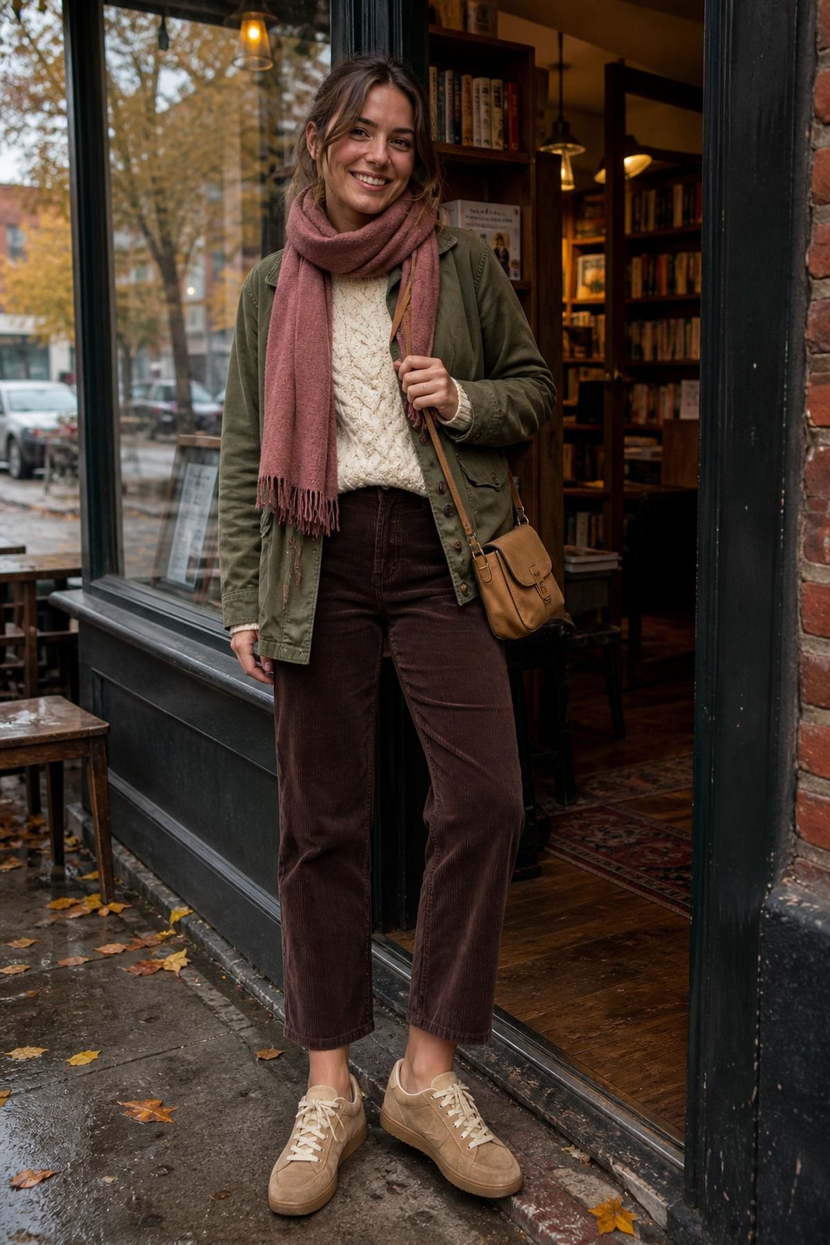 Woman wearing suede sneakers with corduroy pants, a fall sneakers outfit