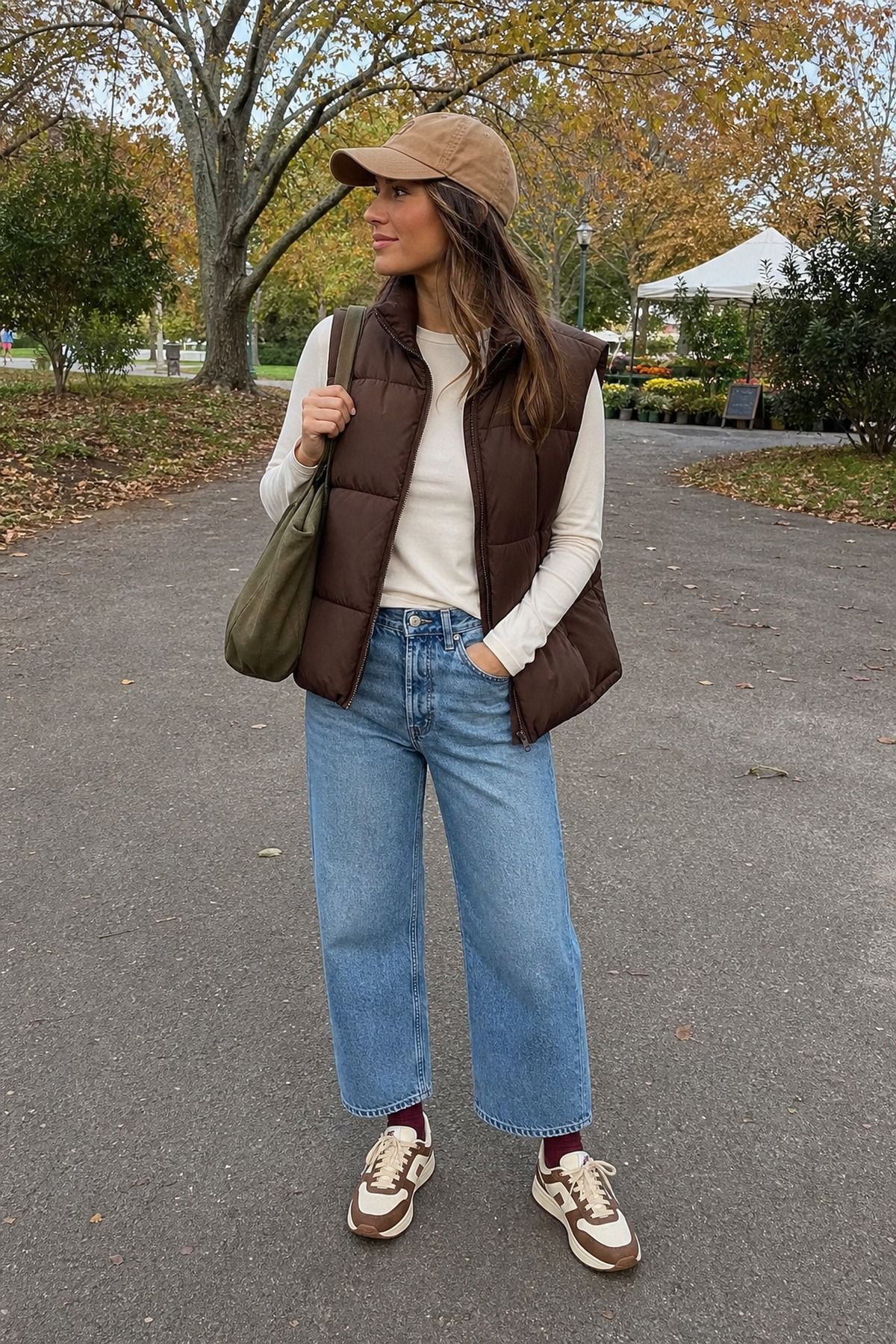 Woman wearing sneakers with a puffer vest, a fall sneakers outfit
