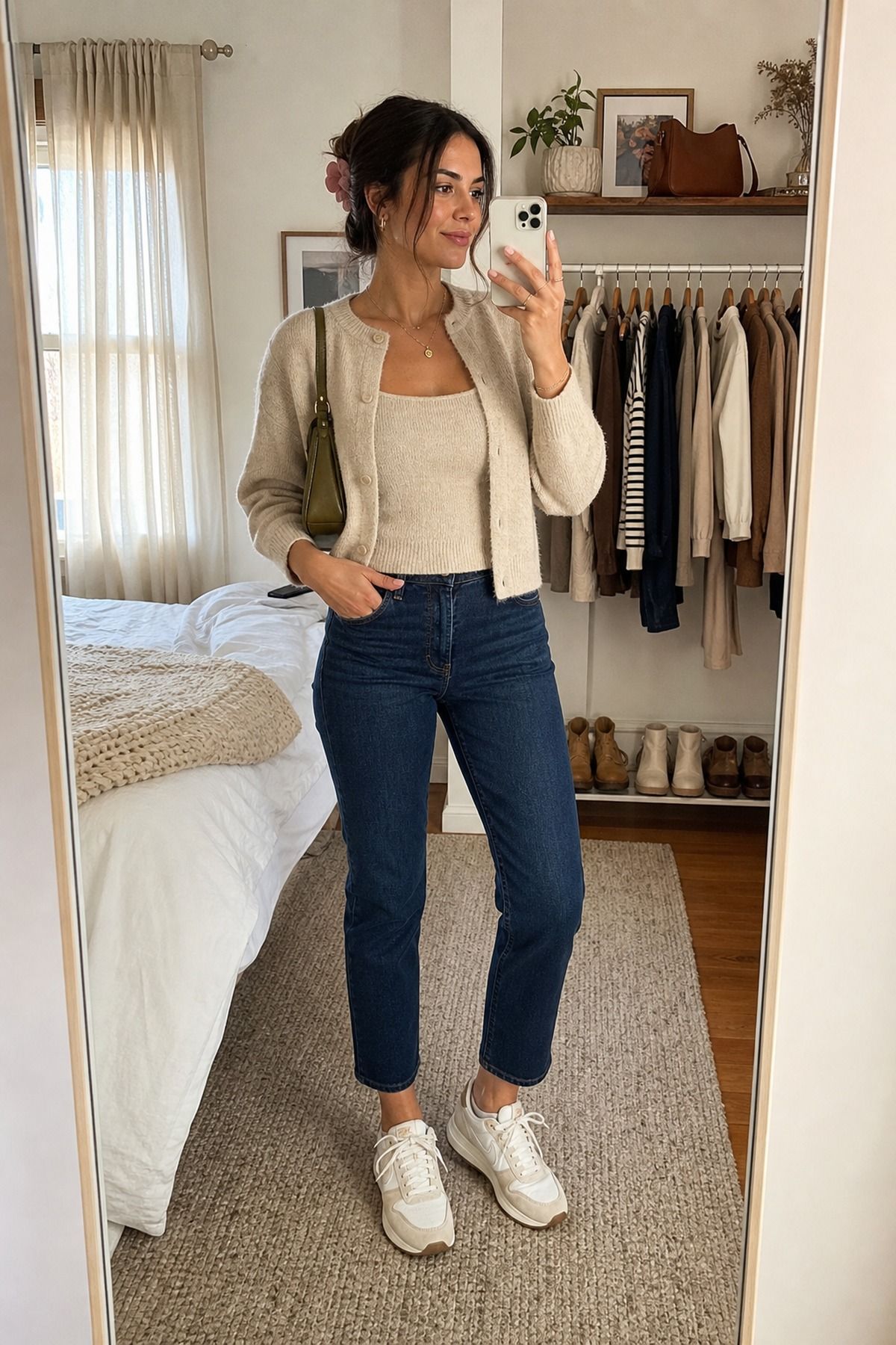Woman wearing sneakers with a cardigan set, a fall sneakers outfit