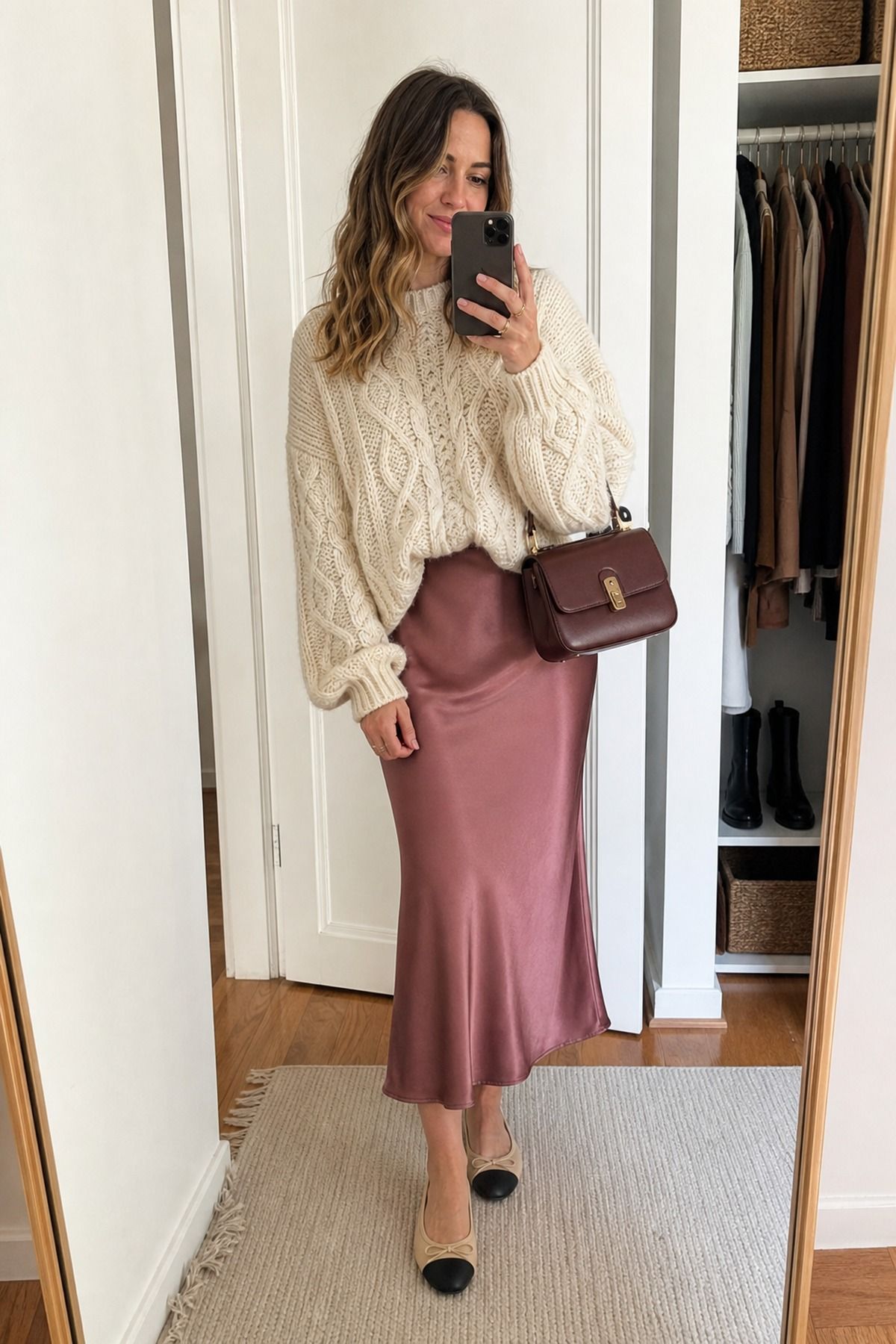 Chunky Sweater with a Satin Skirt outfit idea for 18 Best Fall Sweater Outfit Ideas for Cozy Layers That Still Look Polished.