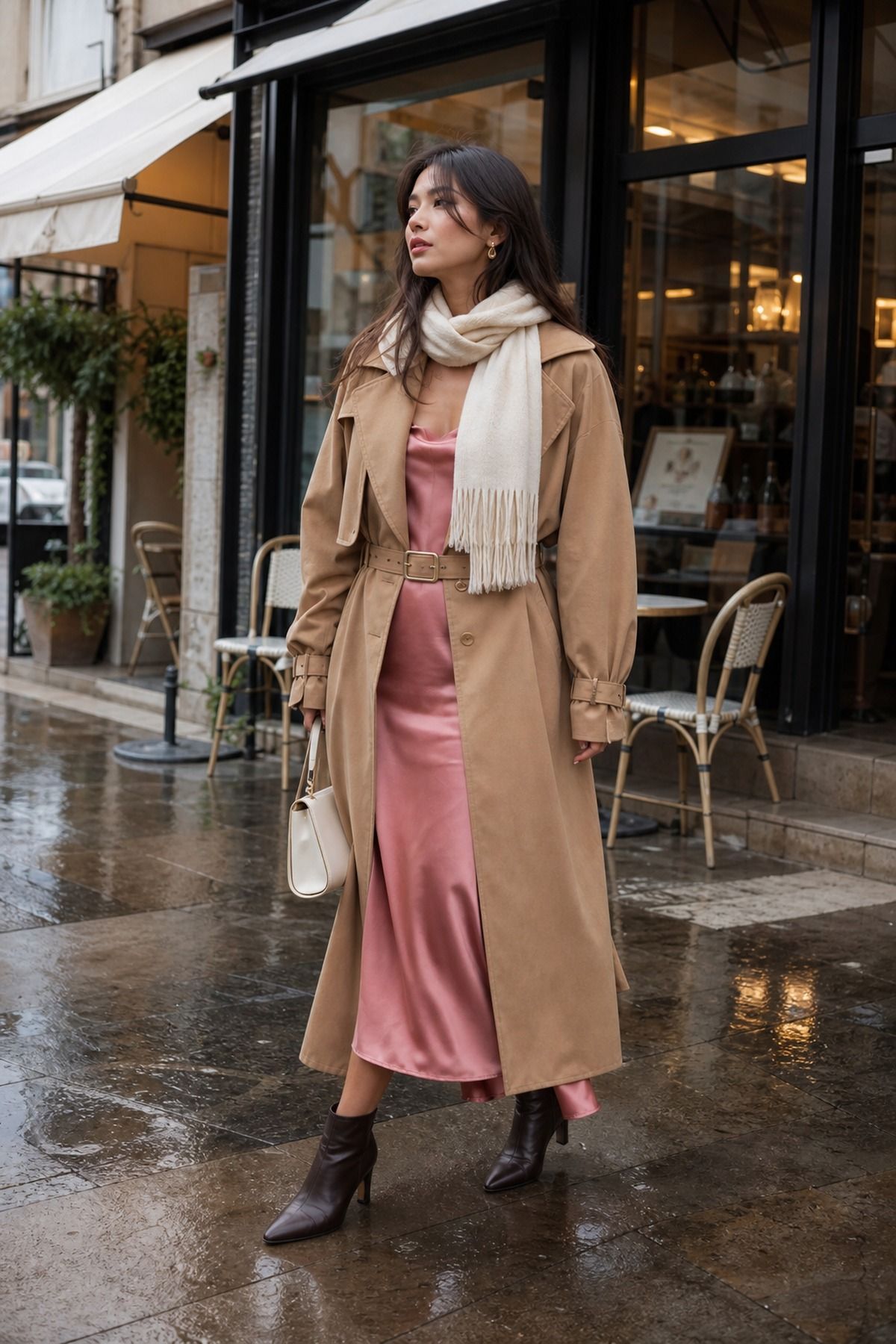 Woman wearing a belted trench with a slip dress, a fall trench coat outfit