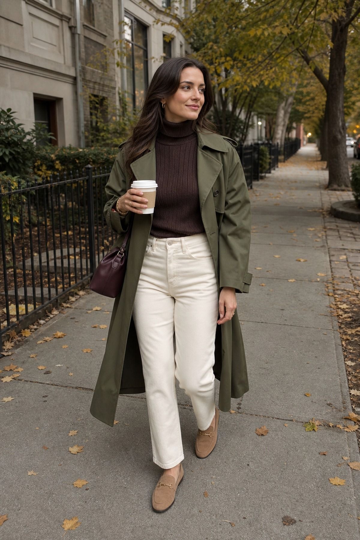 Woman wearing an olive trench with cream denim, a fall trench coat outfit