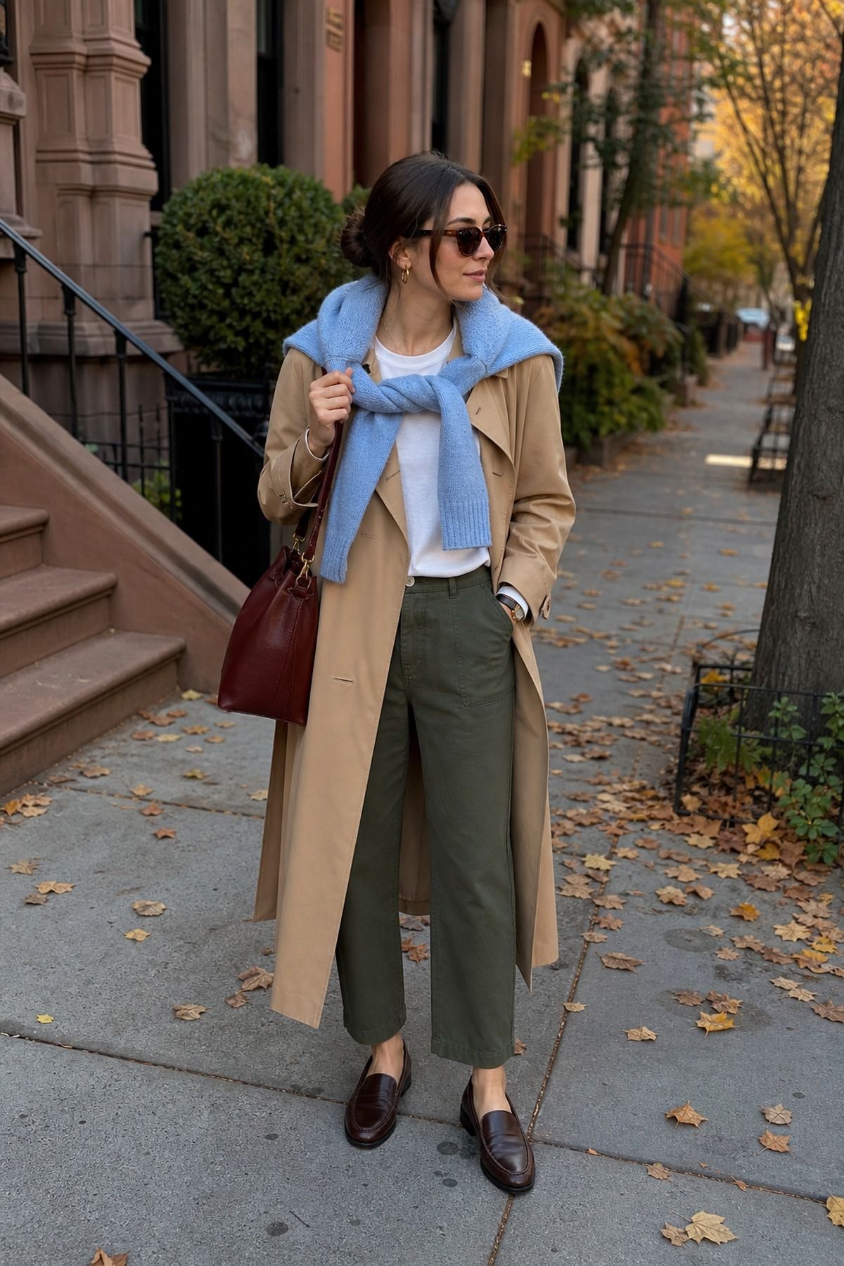 Woman wearing a trench with a sweater over shoulders, a fall trench coat outfit