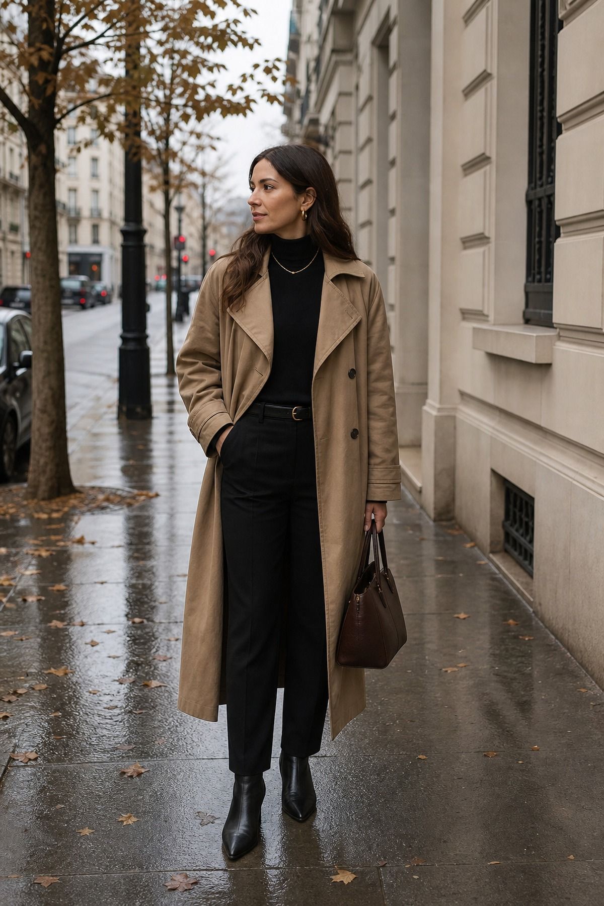 Woman wearing a trench with a column of black, a fall trench coat outfit