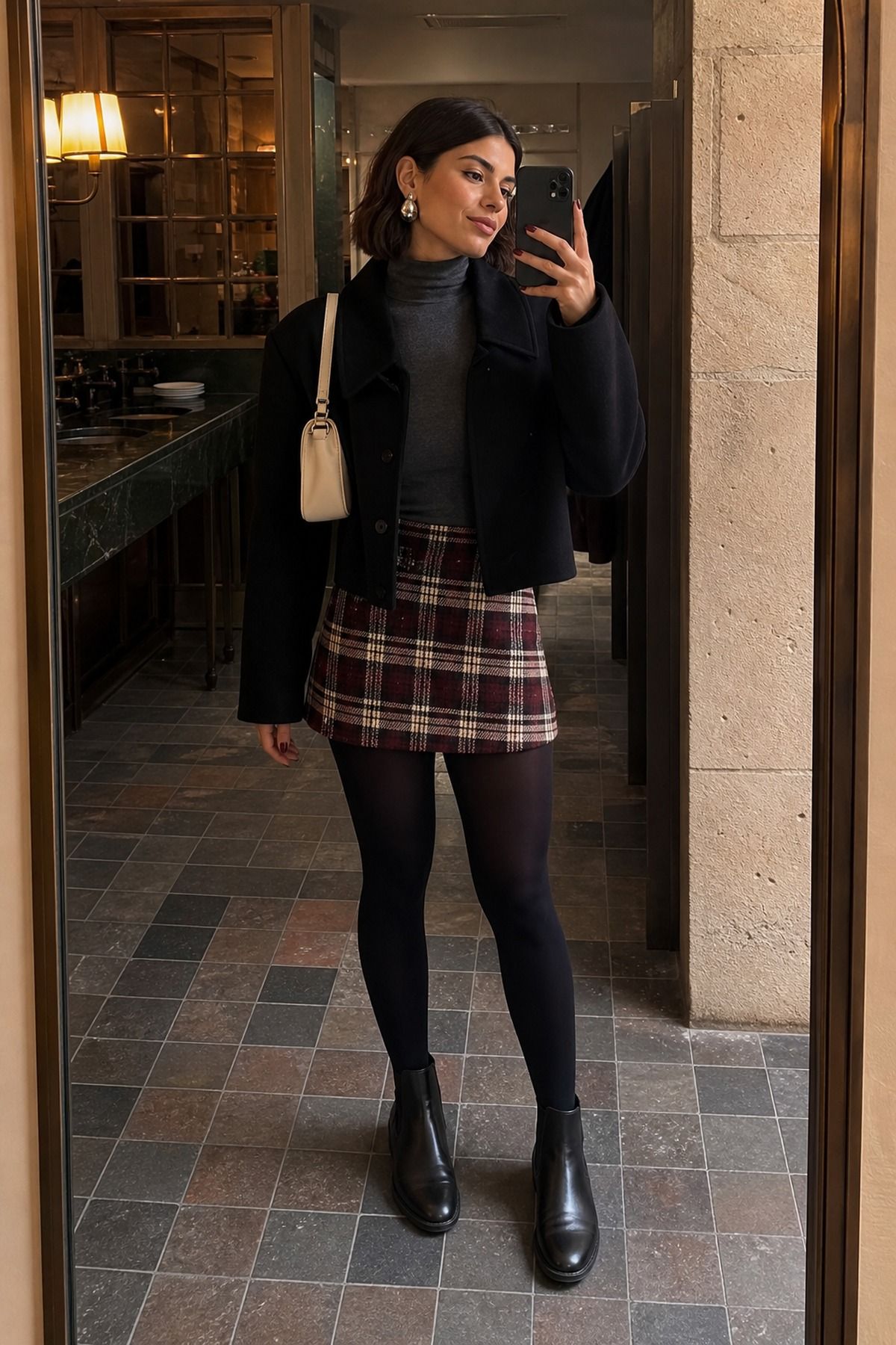 Woman wearing a plaid mini skirt with a turtleneck, a winter brunch outfit
