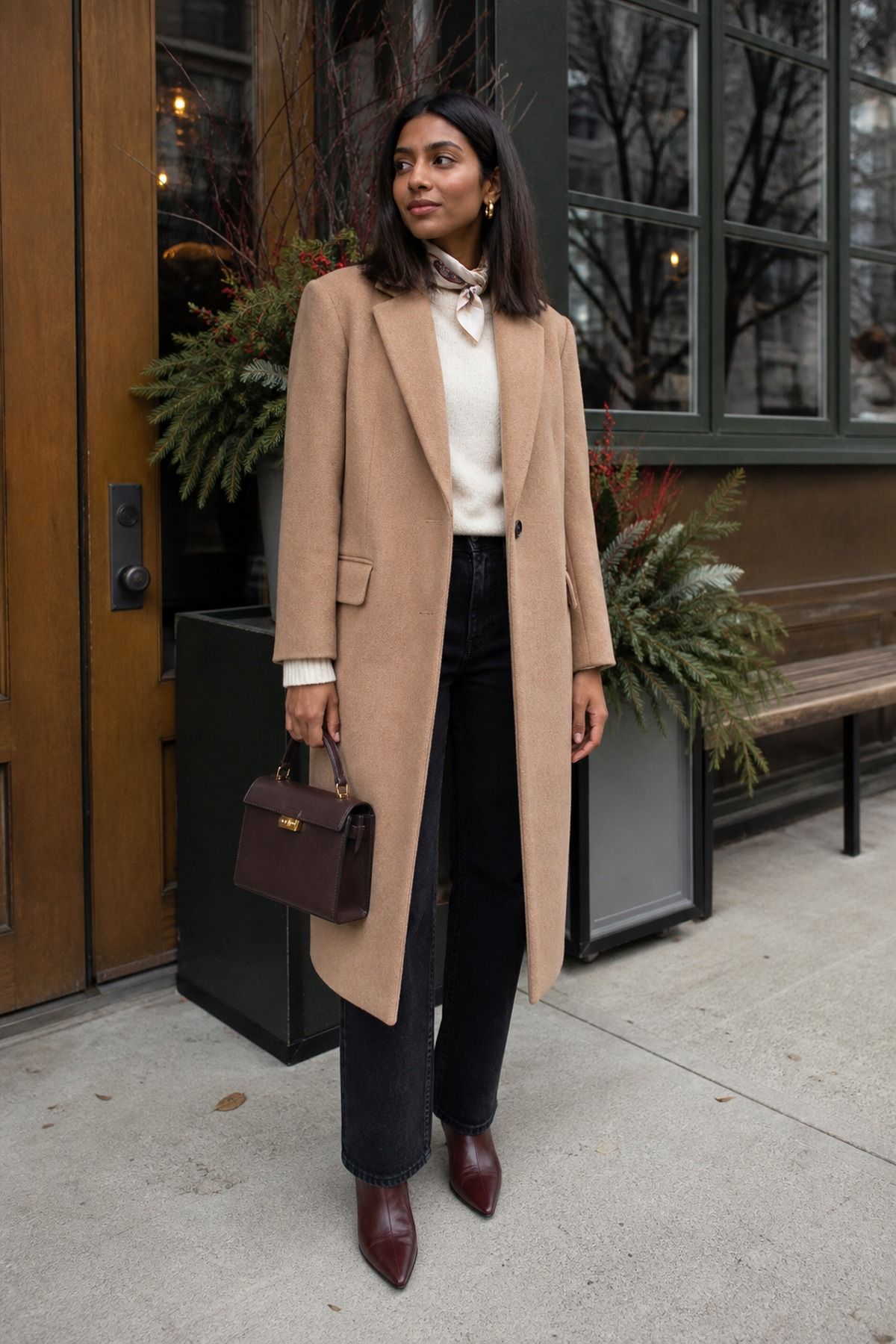 Woman wearing a camel coat with black denim, a winter brunch outfit