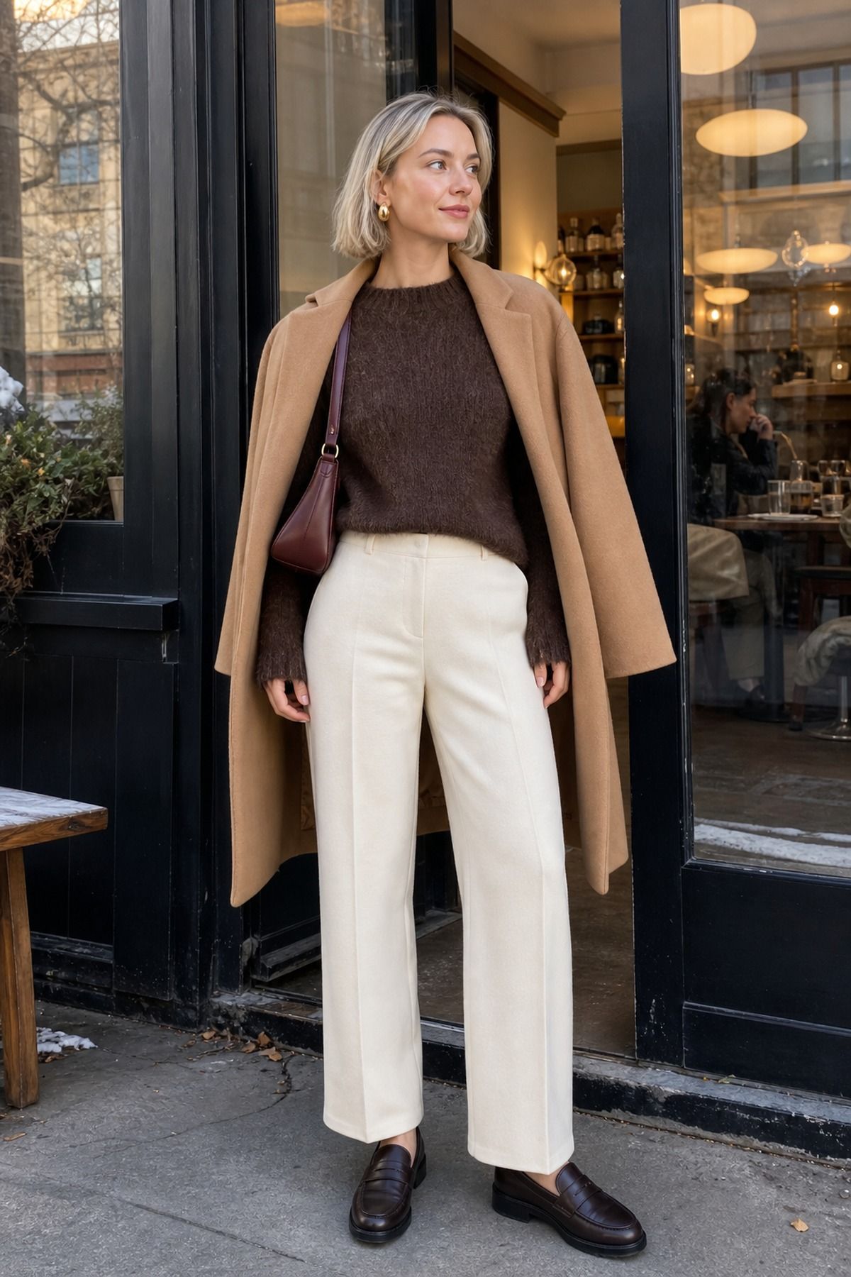 Woman wearing a chocolate knit with cream trousers, a winter brunch outfit