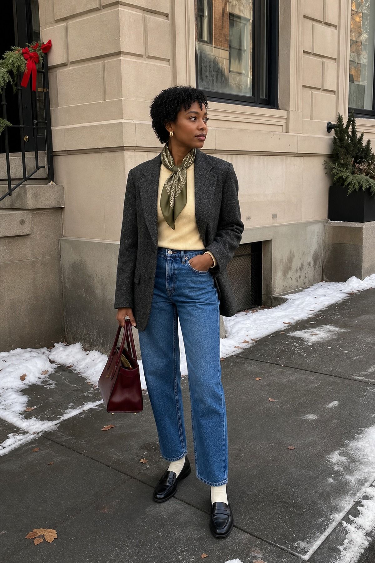Woman wearing a wool blazer with vintage jeans, a winter brunch outfit