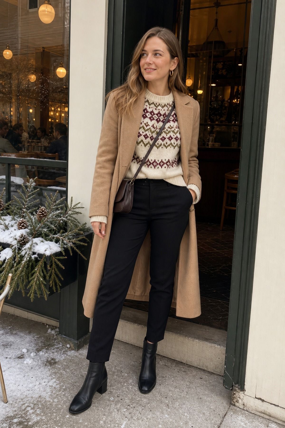 Woman wearing a fair isle sweater with black pants, a winter brunch outfit