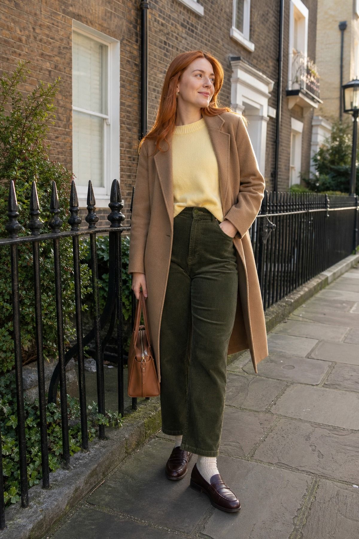 Woman wearing corduroy pants with a cashmere crewneck, a winter brunch outfit