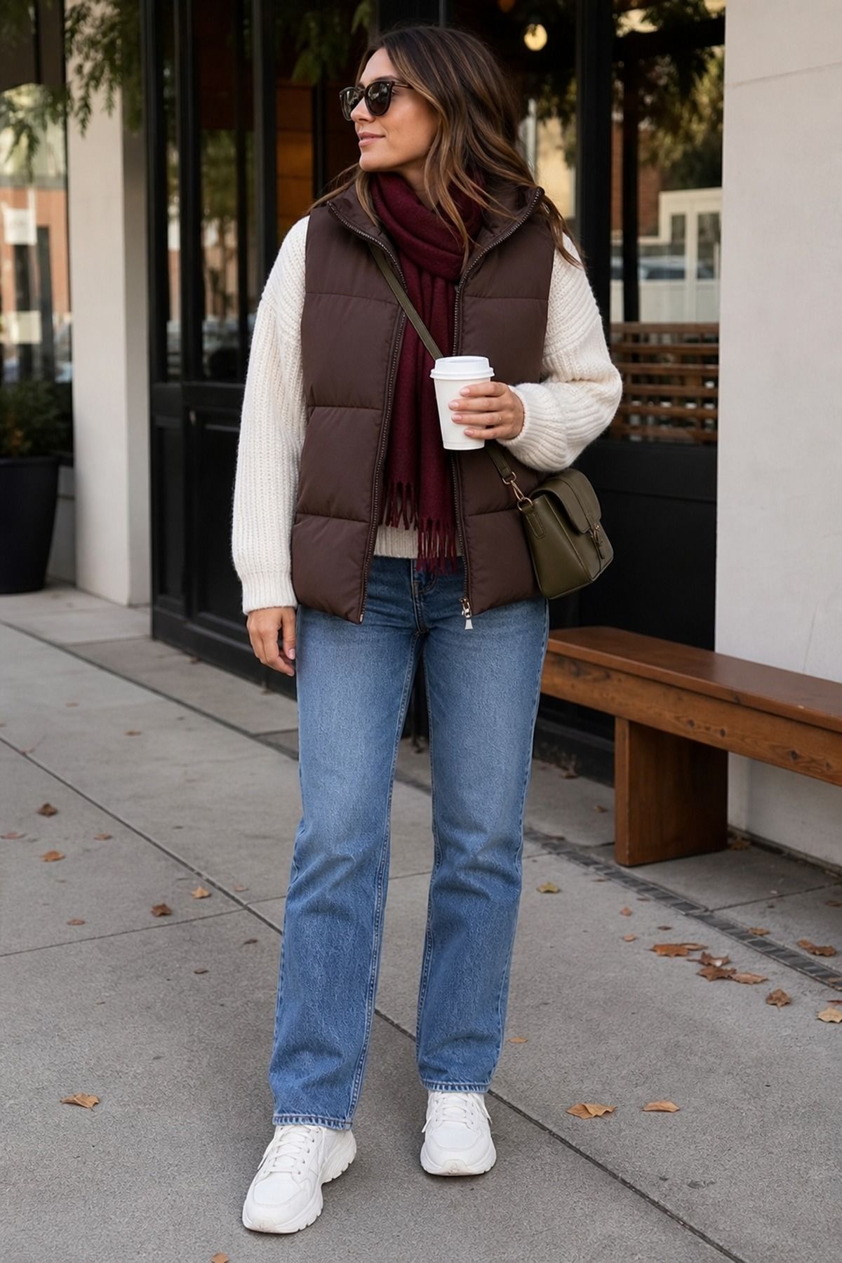 Woman in a chocolate brown puffer vest over a cream sweater with a burgundy scarf, mid-blue straight jeans and white sneakers holding a coffee