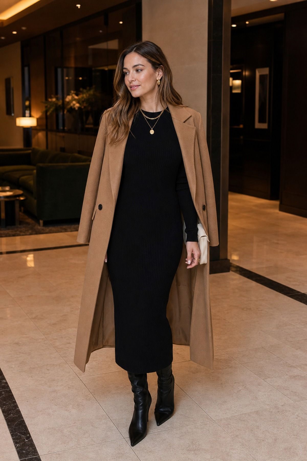Woman wearing a black knit dress with gold jewelry, a winter date night outfit