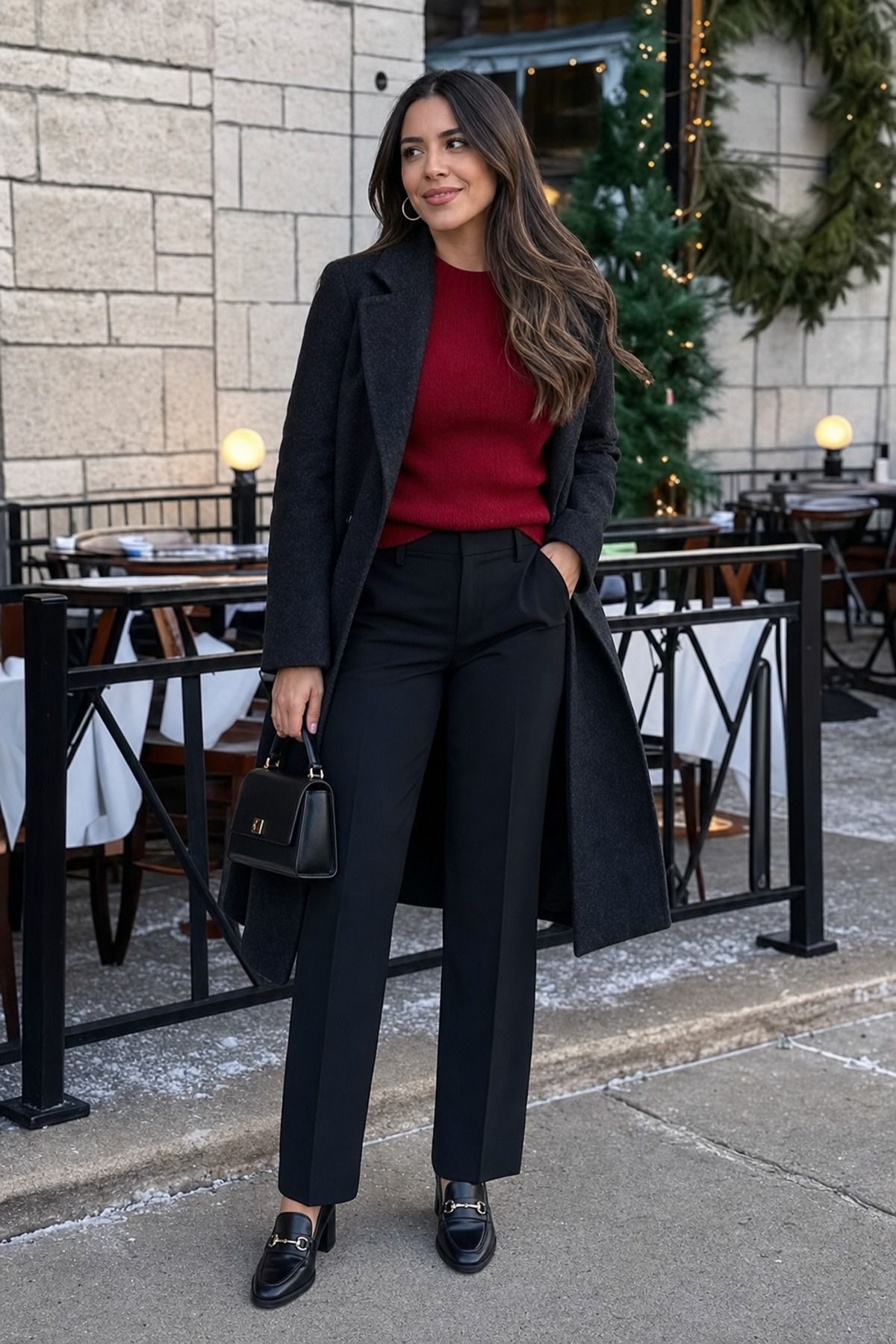 Woman wearing a red sweater with black trousers, a winter date night outfit
