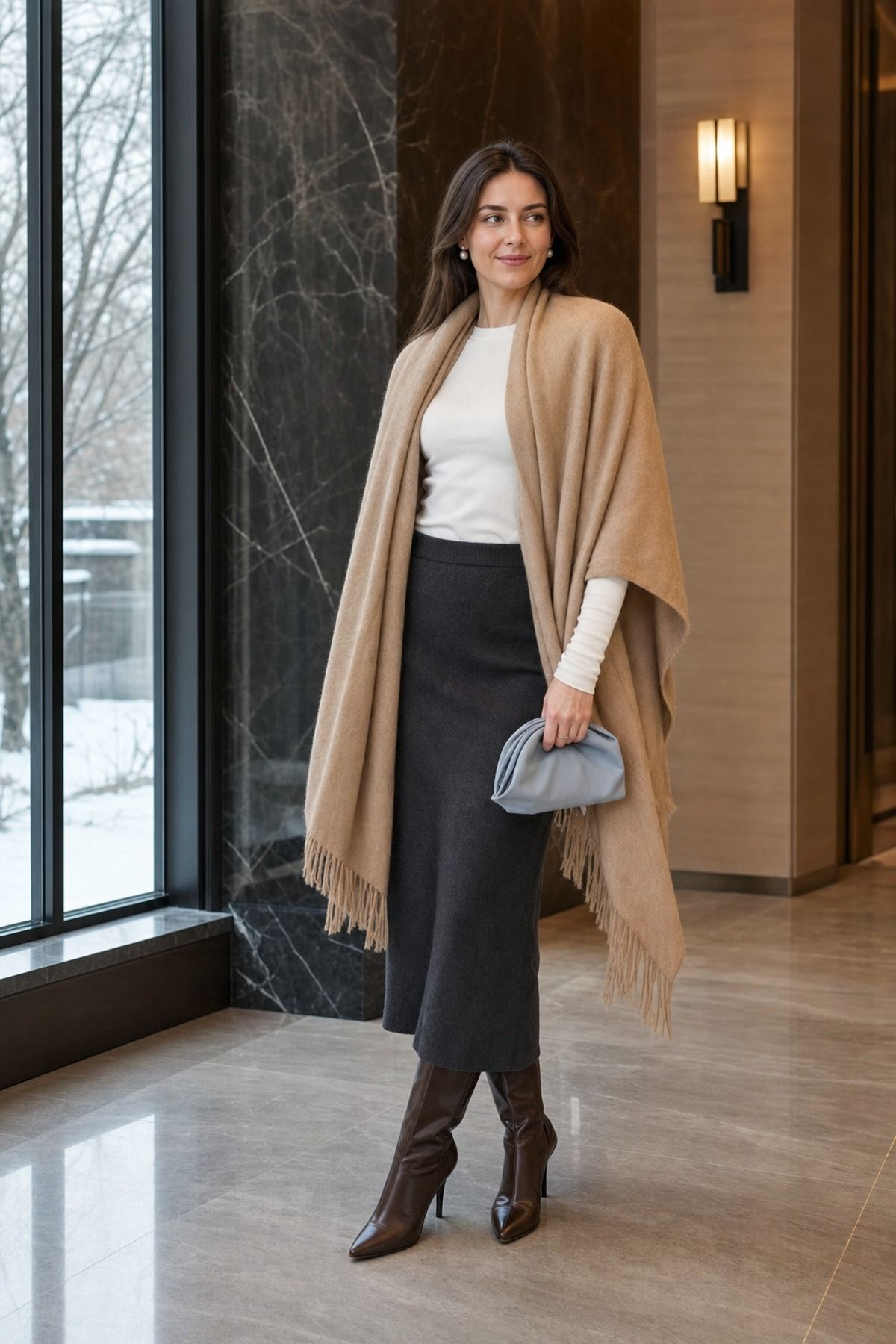Woman wearing a cashmere wrap with a column skirt, a winter date night outfit