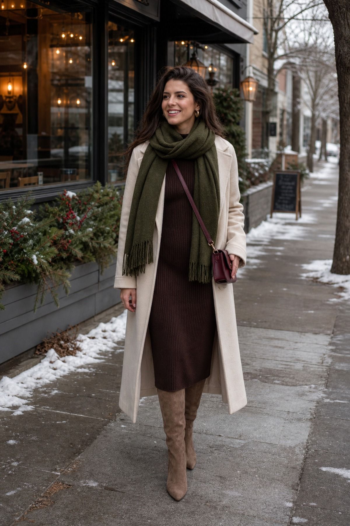Woman wearing a chocolate sweater dress with suede boots, a winter date night outfit