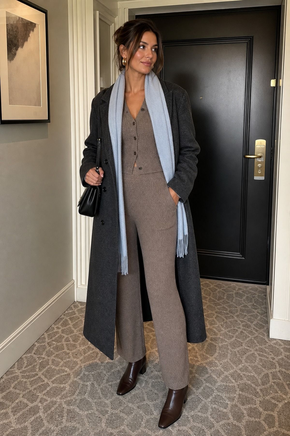 Woman wearing a knit set with a long coat, a winter date night outfit