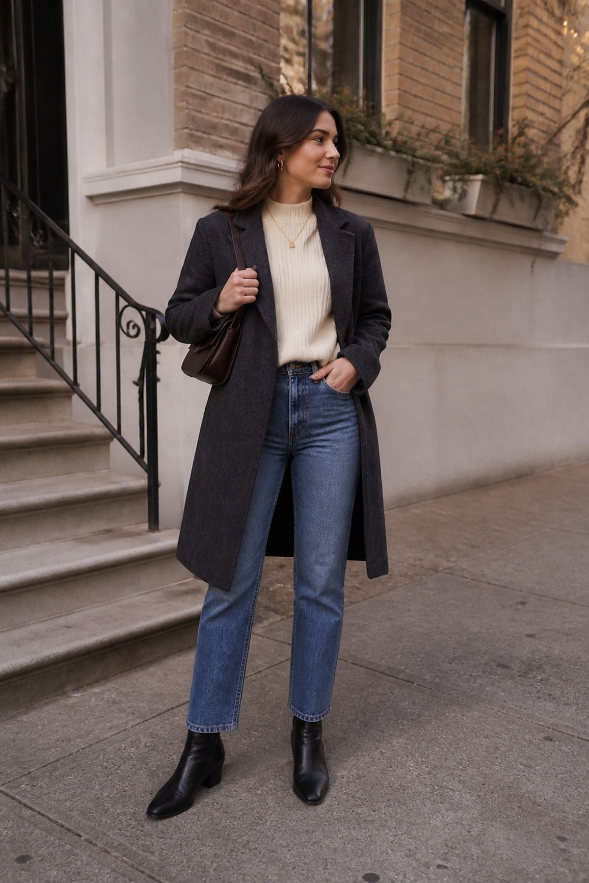 Woman wearing straight jeans with ankle boots, a winter jeans outfit