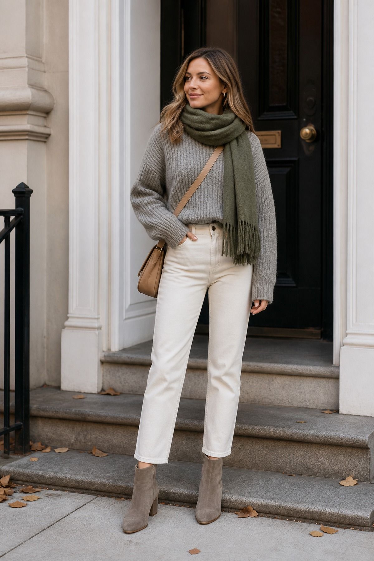Woman wearing ecru jeans with a grey sweater, a winter jeans outfit
