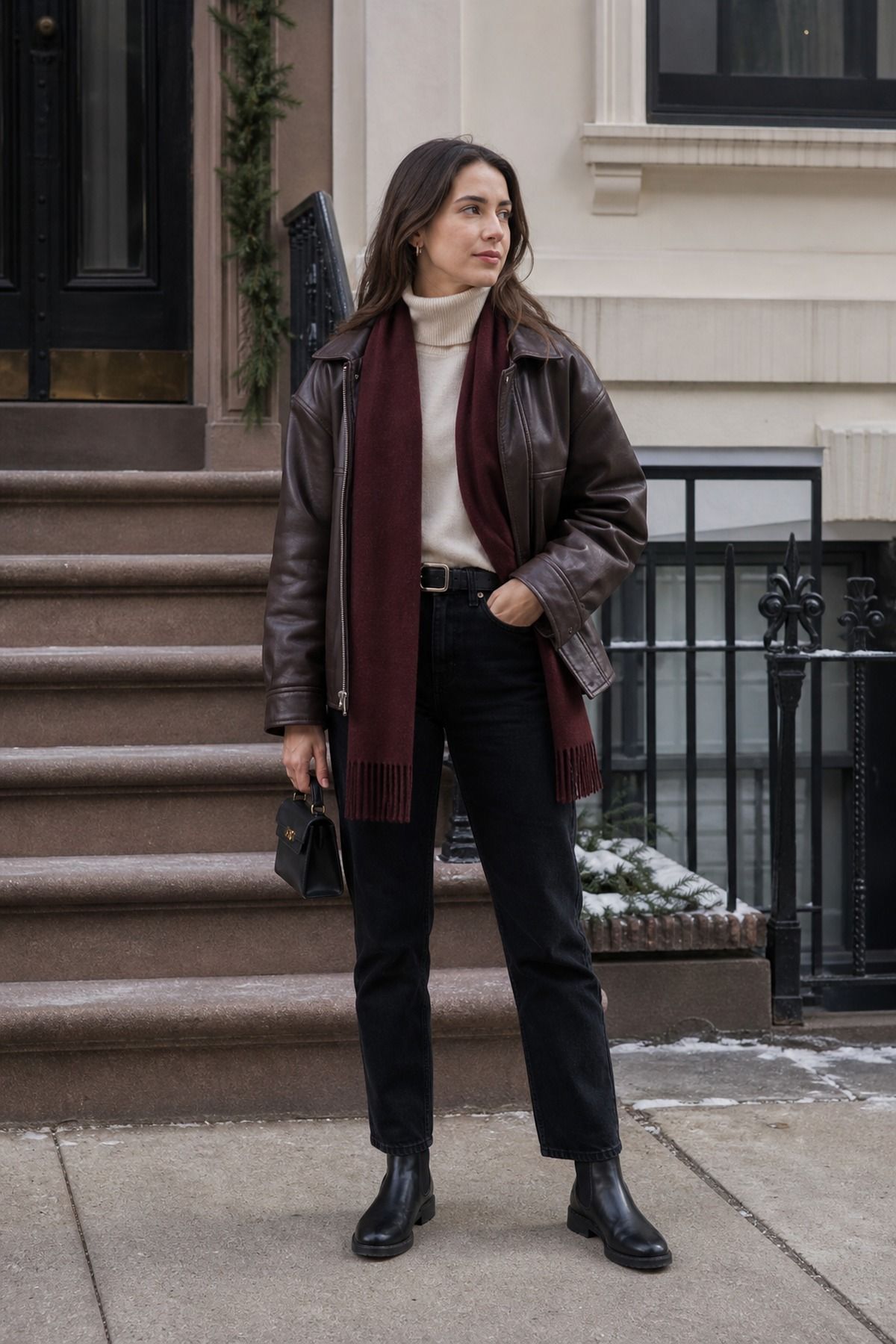 Woman wearing black jeans with a leather jacket, a winter jeans outfit