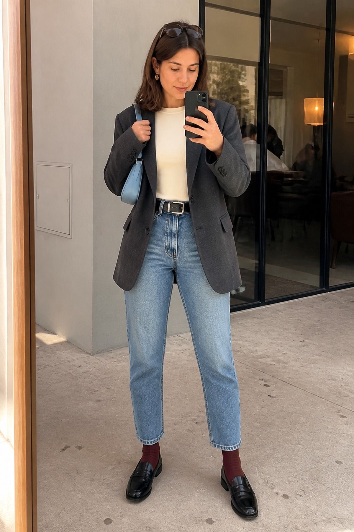 Woman wearing mom jeans with a wool blazer, a winter jeans outfit