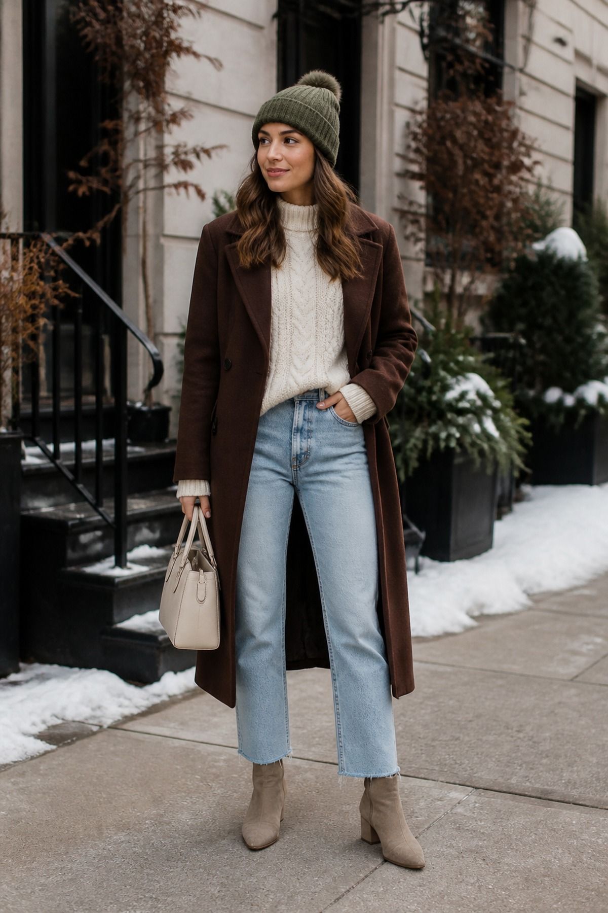 Woman wearing light wash jeans with a chocolate coat, a winter jeans outfit