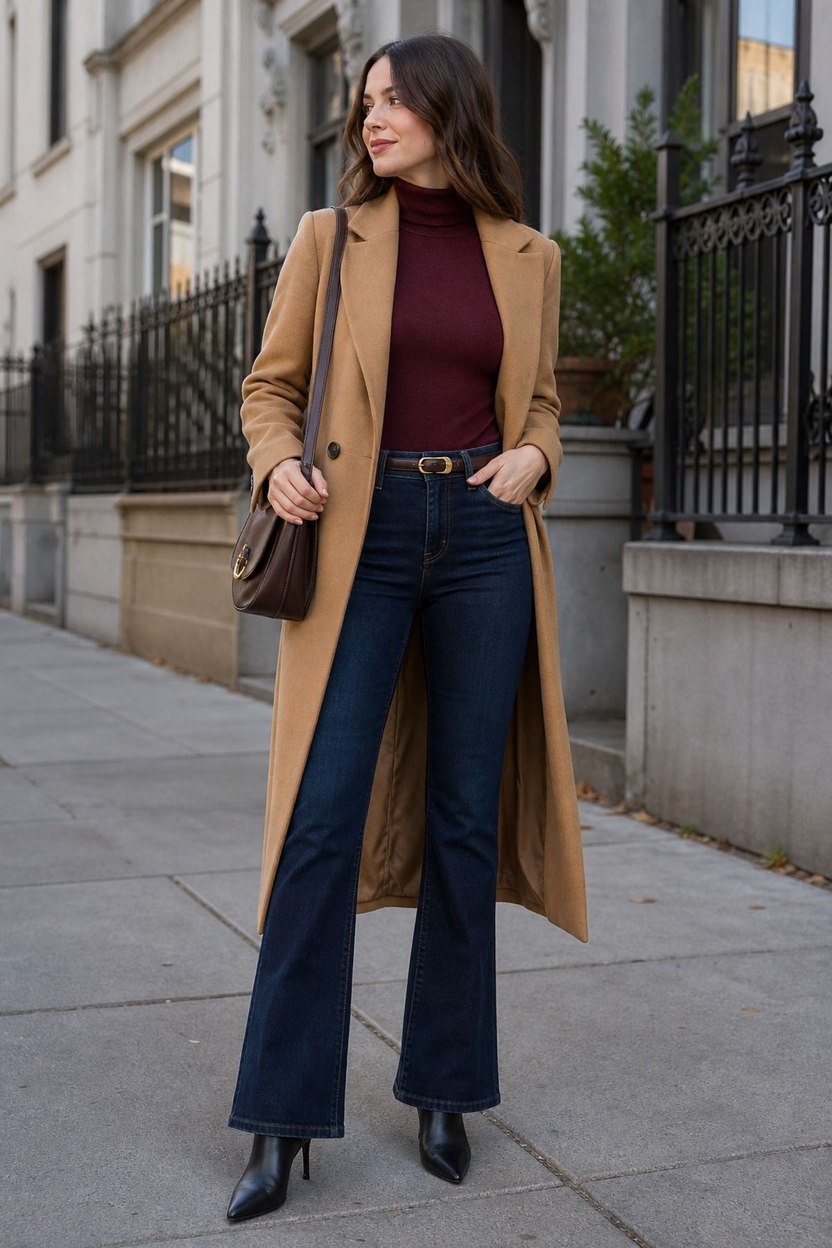 Woman wearing flare jeans with heeled boots, a winter jeans outfit