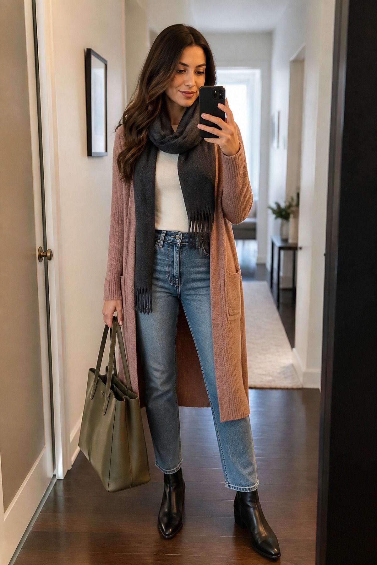 Woman wearing jeans with a longline cardigan, a winter jeans outfit