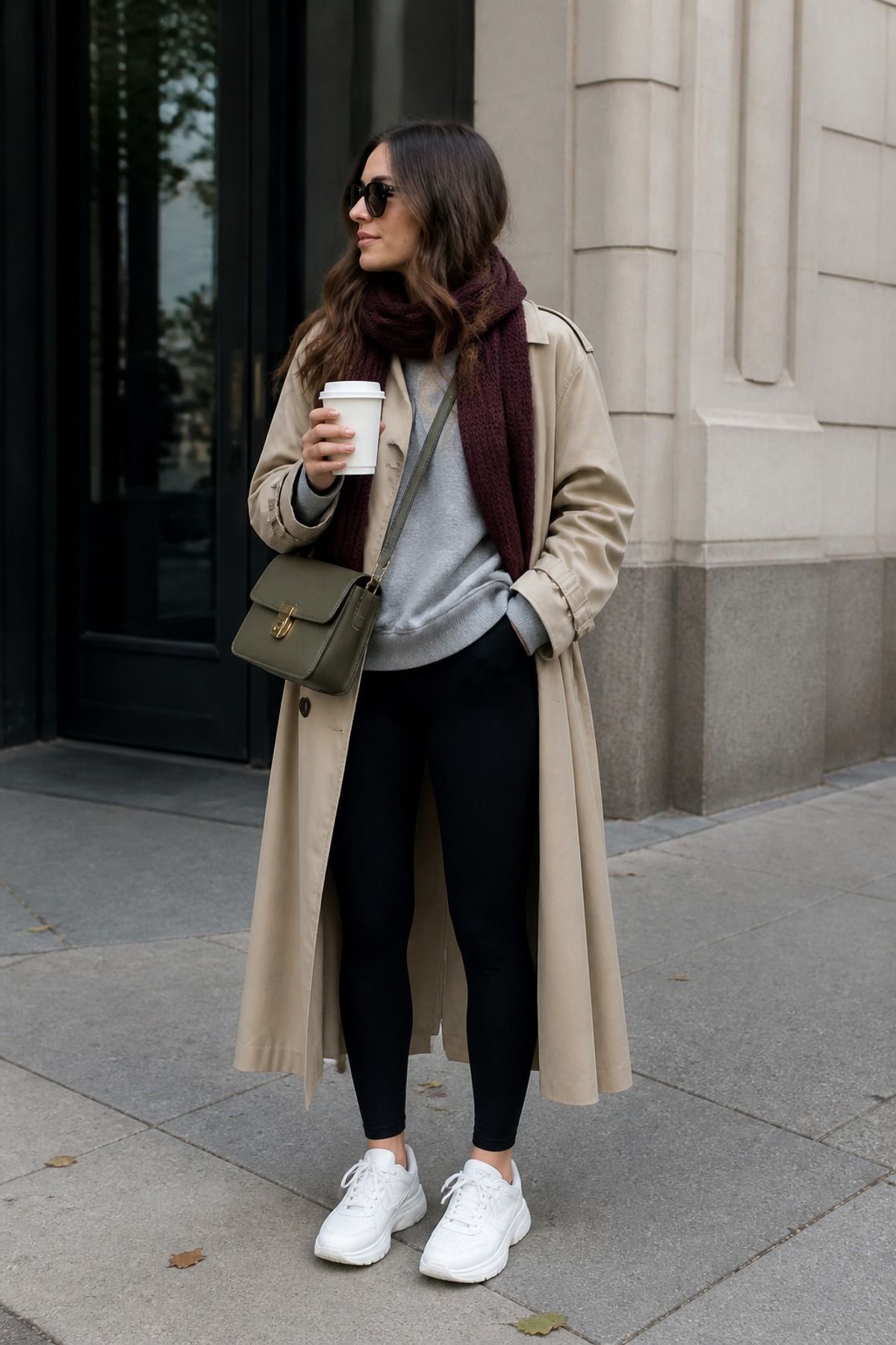 Woman wearing a sweatshirt with a trench coat, a winter leggings outfit