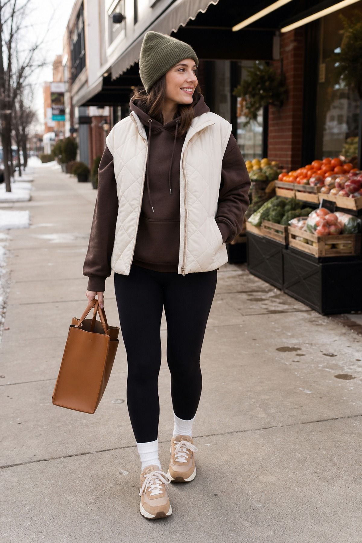 Woman wearing a quilted vest with a hoodie, a winter leggings outfit