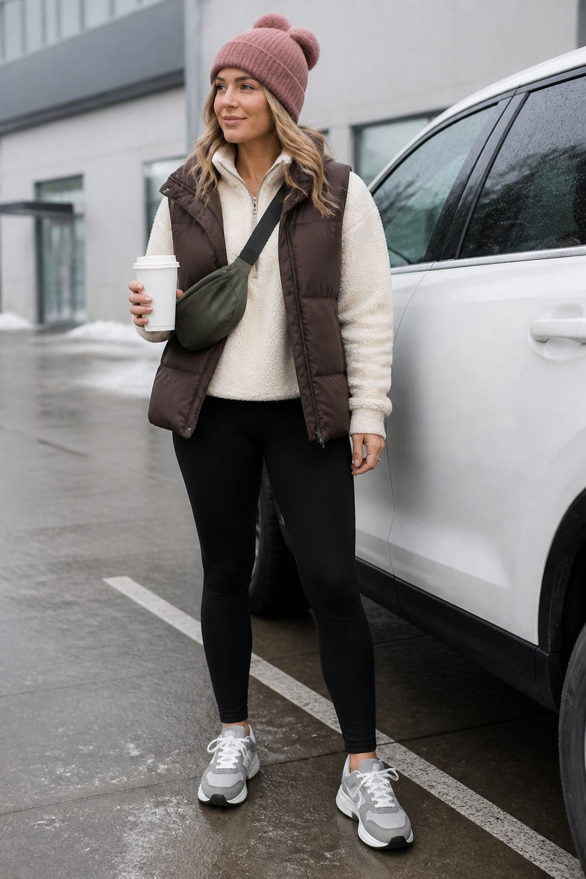 Woman wearing a fleece half-zip with black leggings, a winter leggings outfit